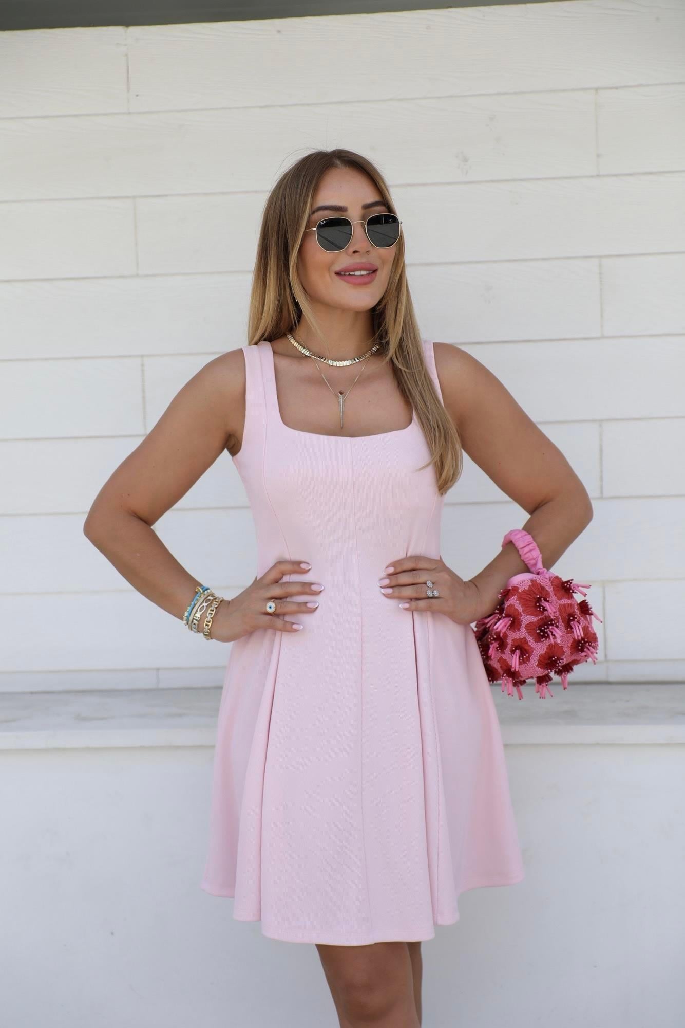 Pembe Ottoman Kare Yaka Çan Elbise 