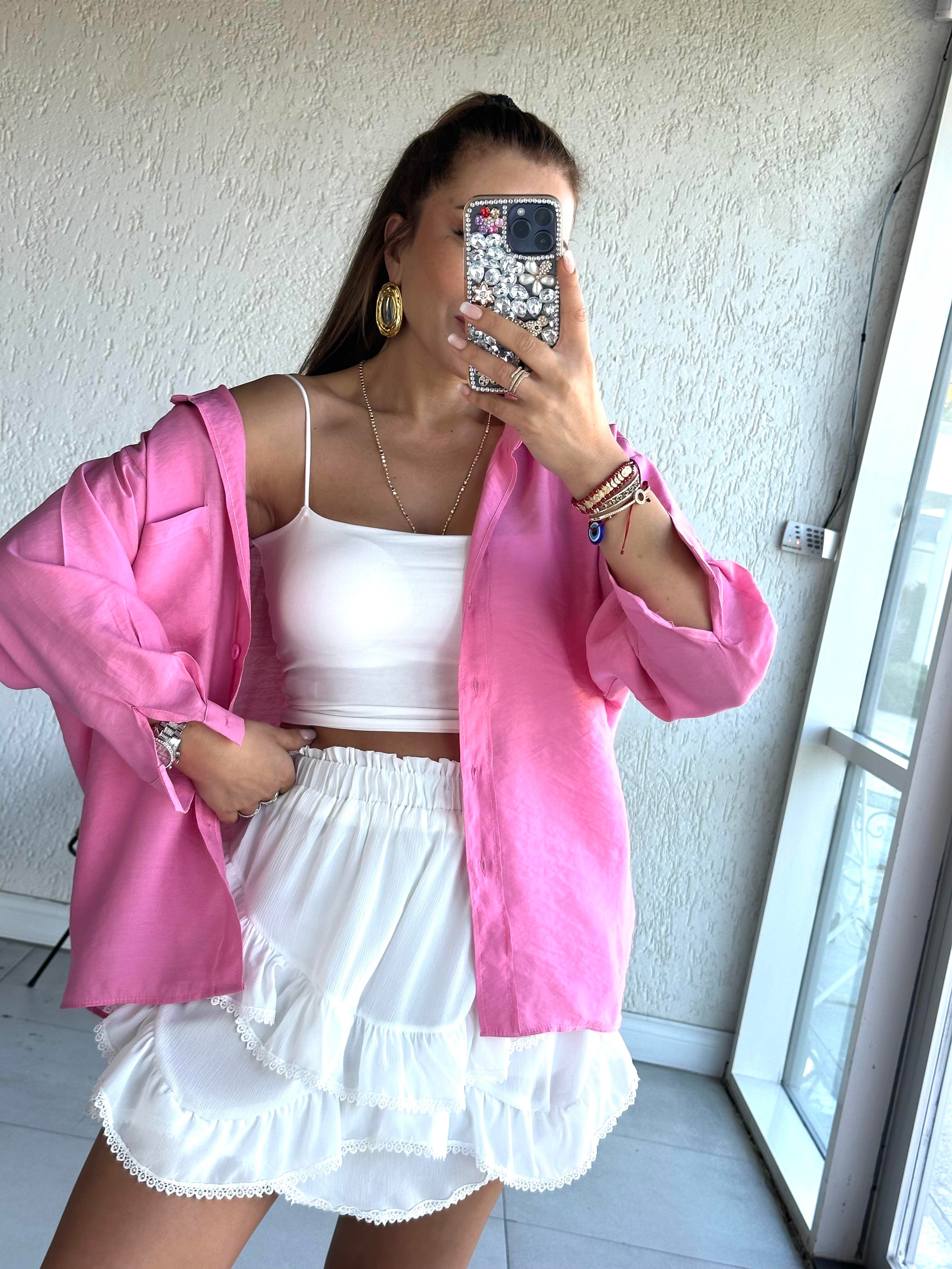 Pembe Oversize Düşük Omuz Gömlek
