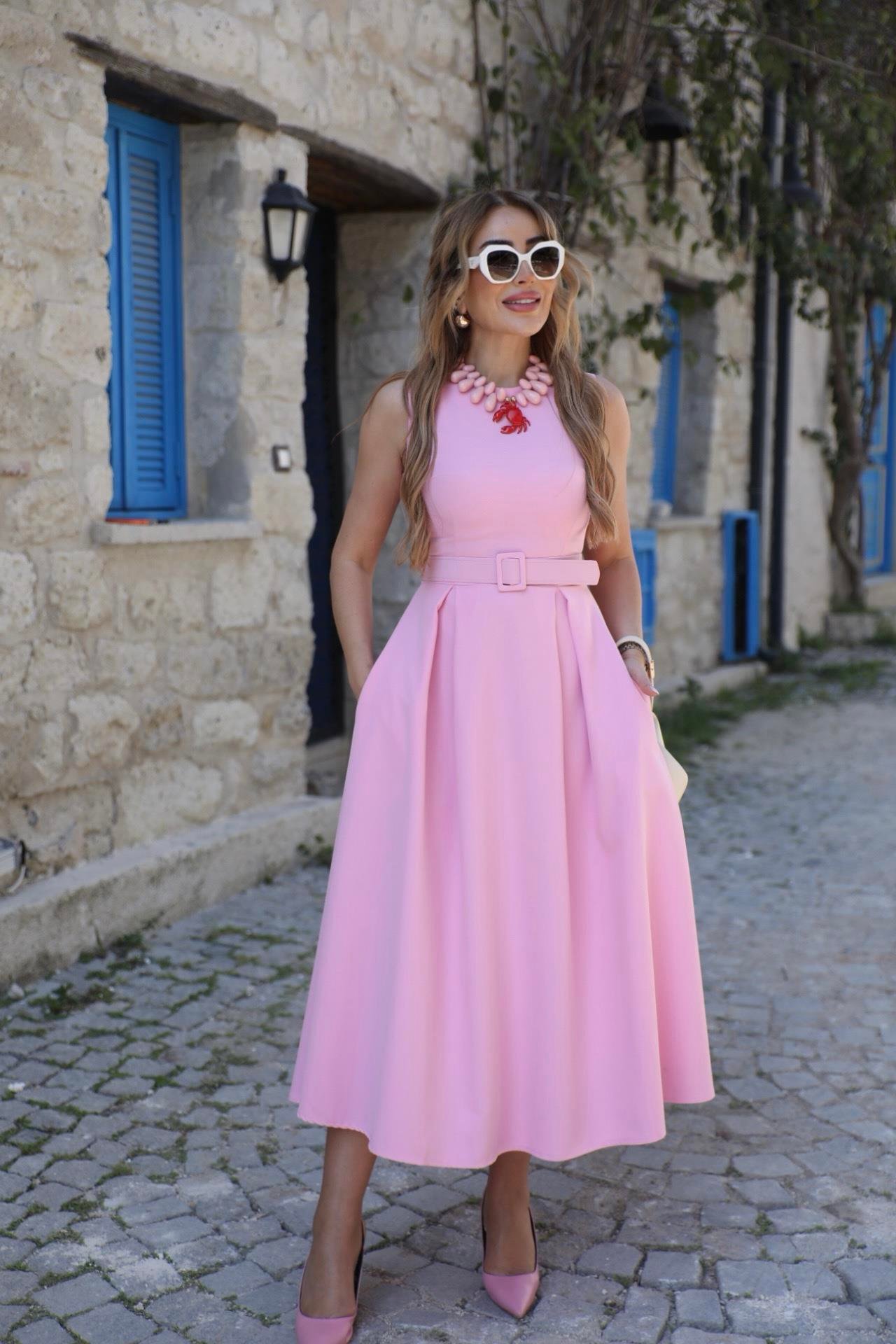 Pembe Pile Detaylı Çan Elbise 