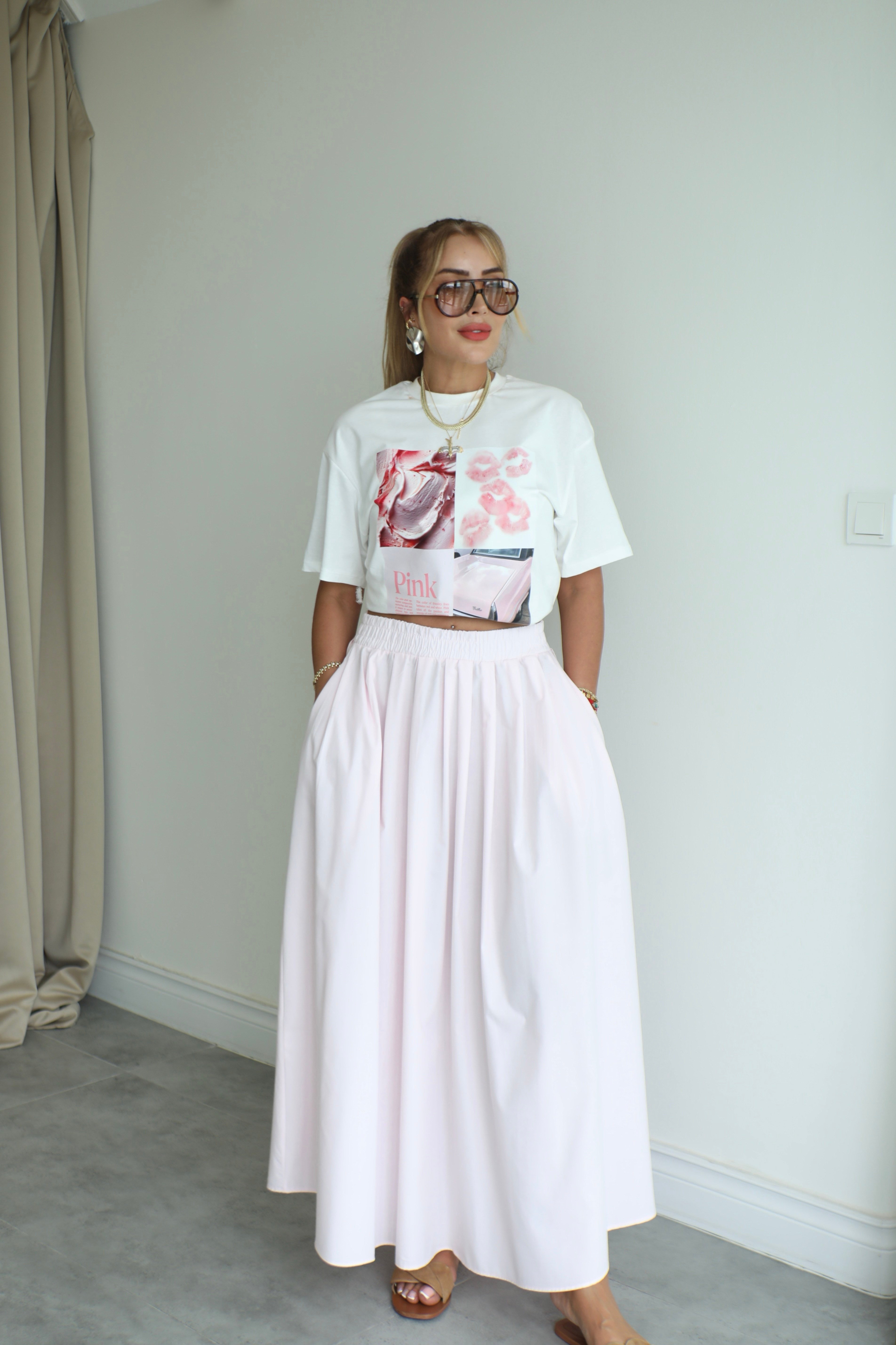 Pembe Poplin Çan Etek 