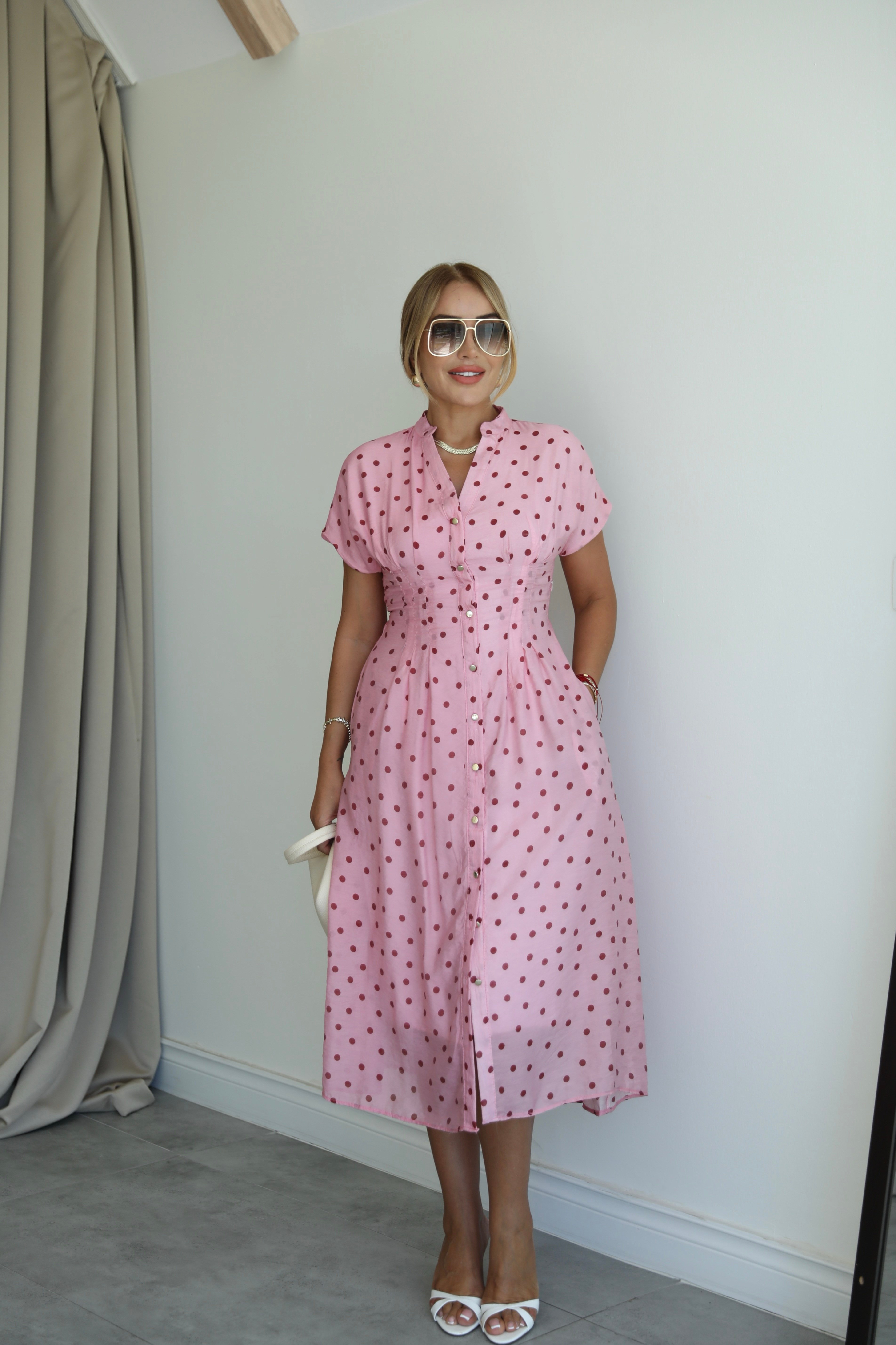 Pembe Puantiyeli Patlı Elbise