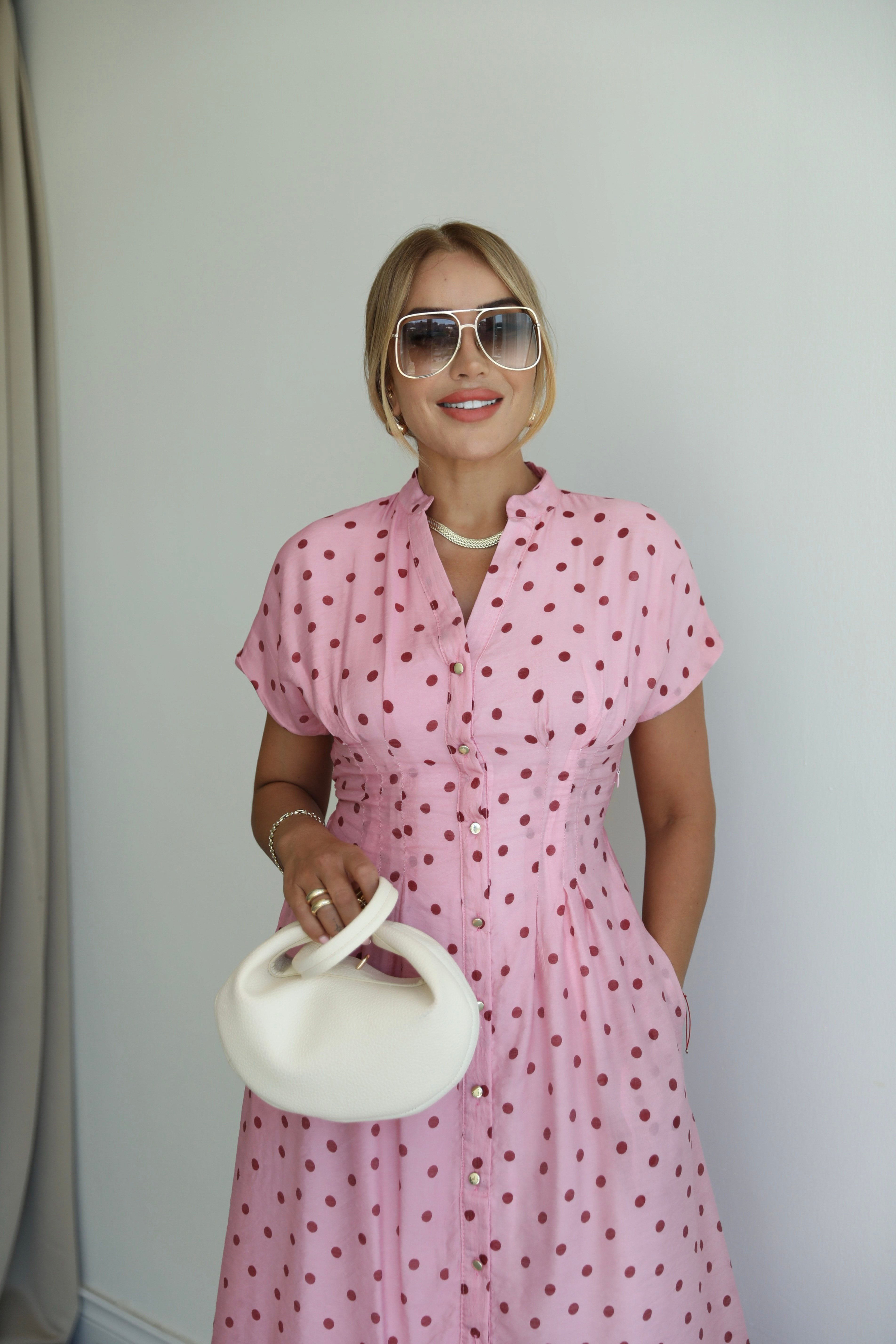 Pembe Puantiyeli Patlı Elbise