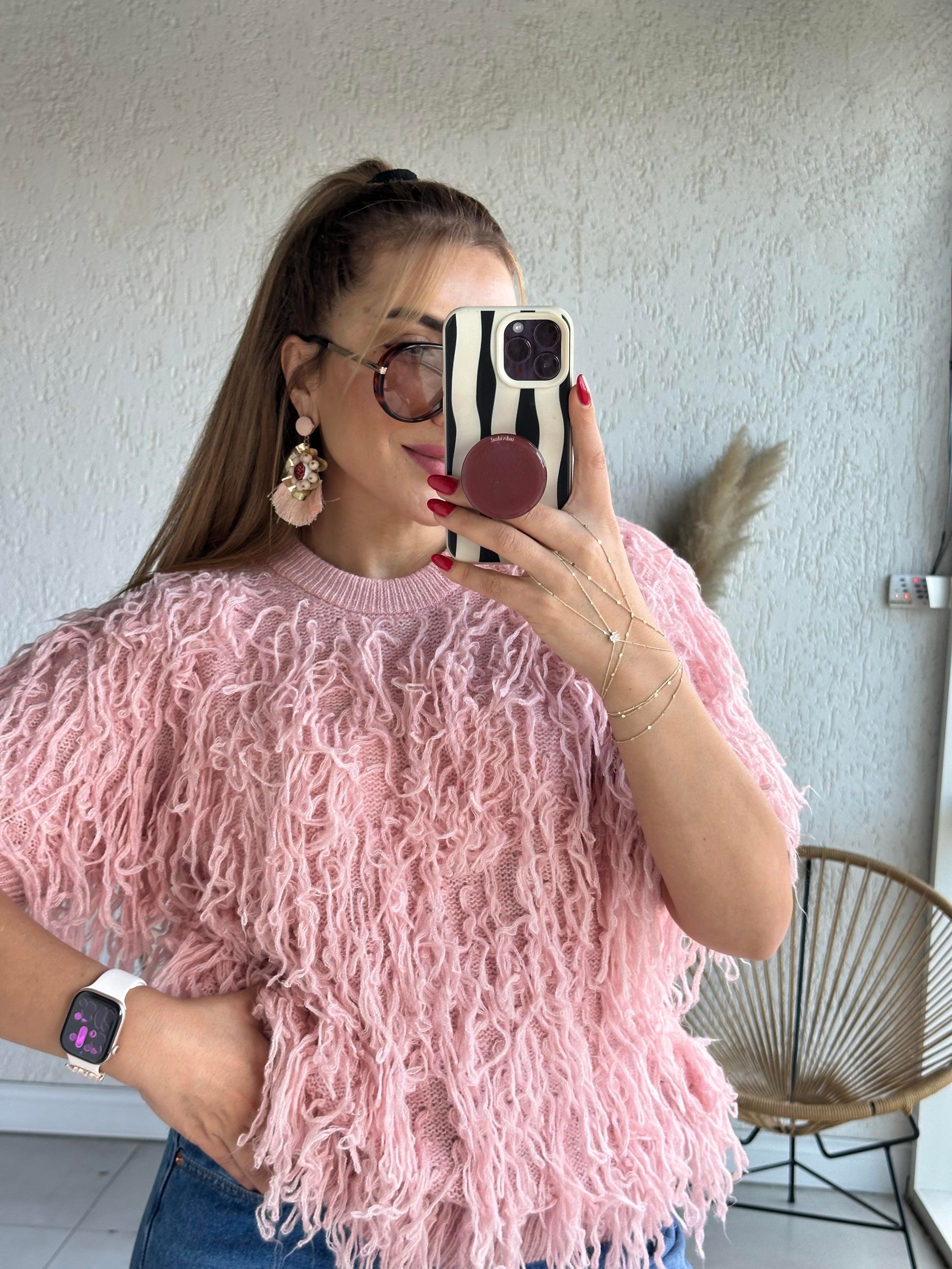 Pembe Püsküllü Triko Kazak 