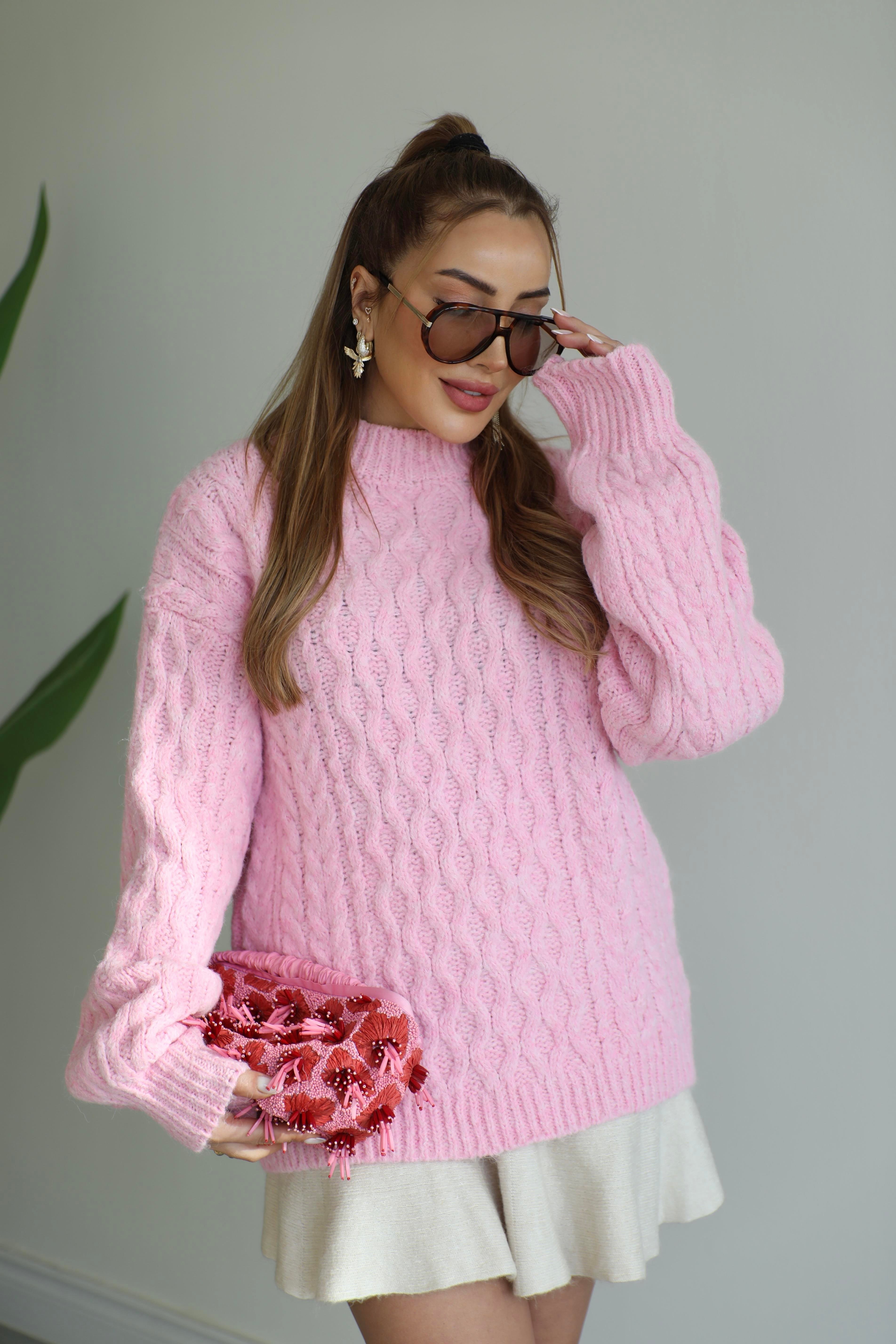 Pembe Saç Örgülü Oversize Kazak