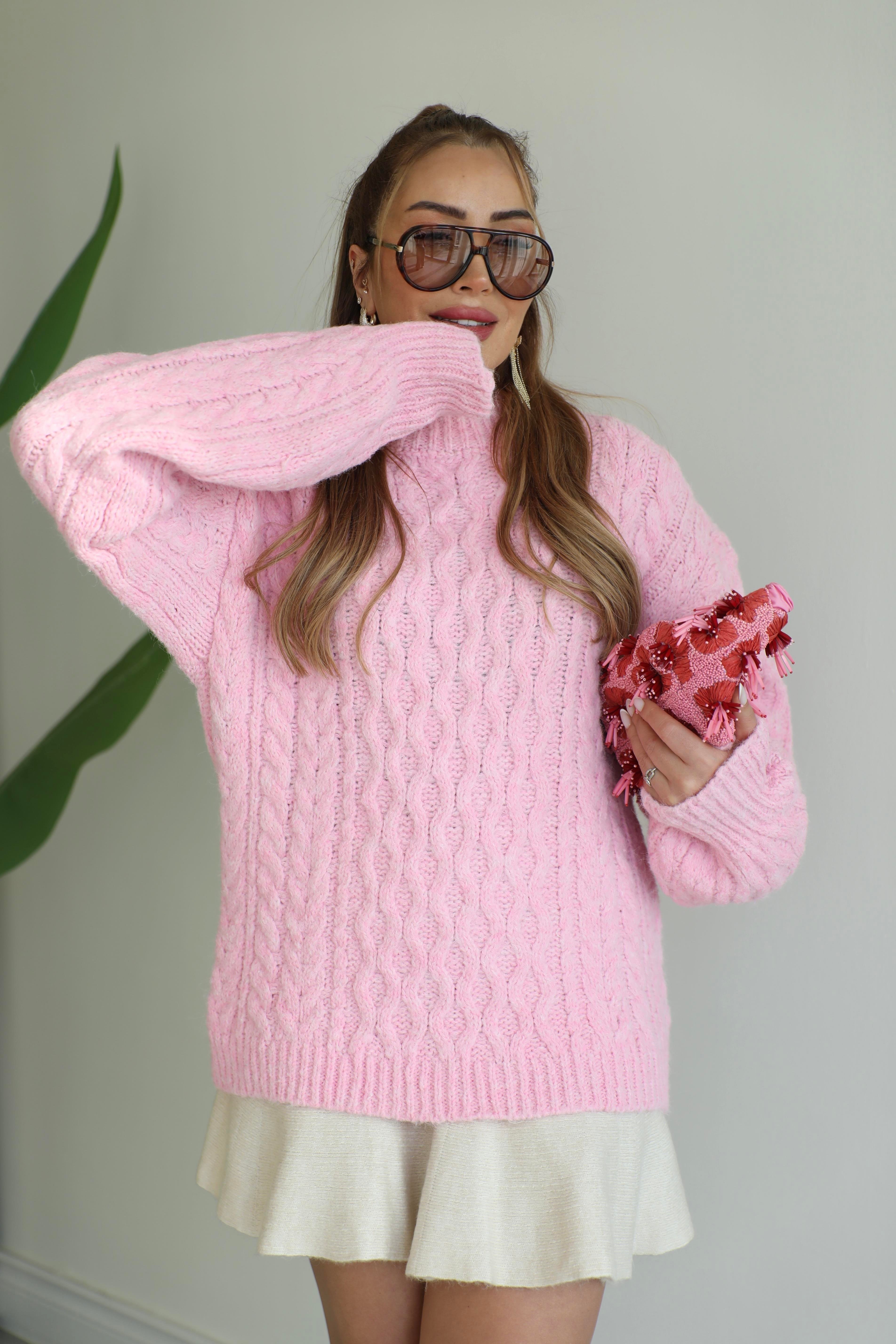 Pembe Saç Örgülü Oversize Kazak