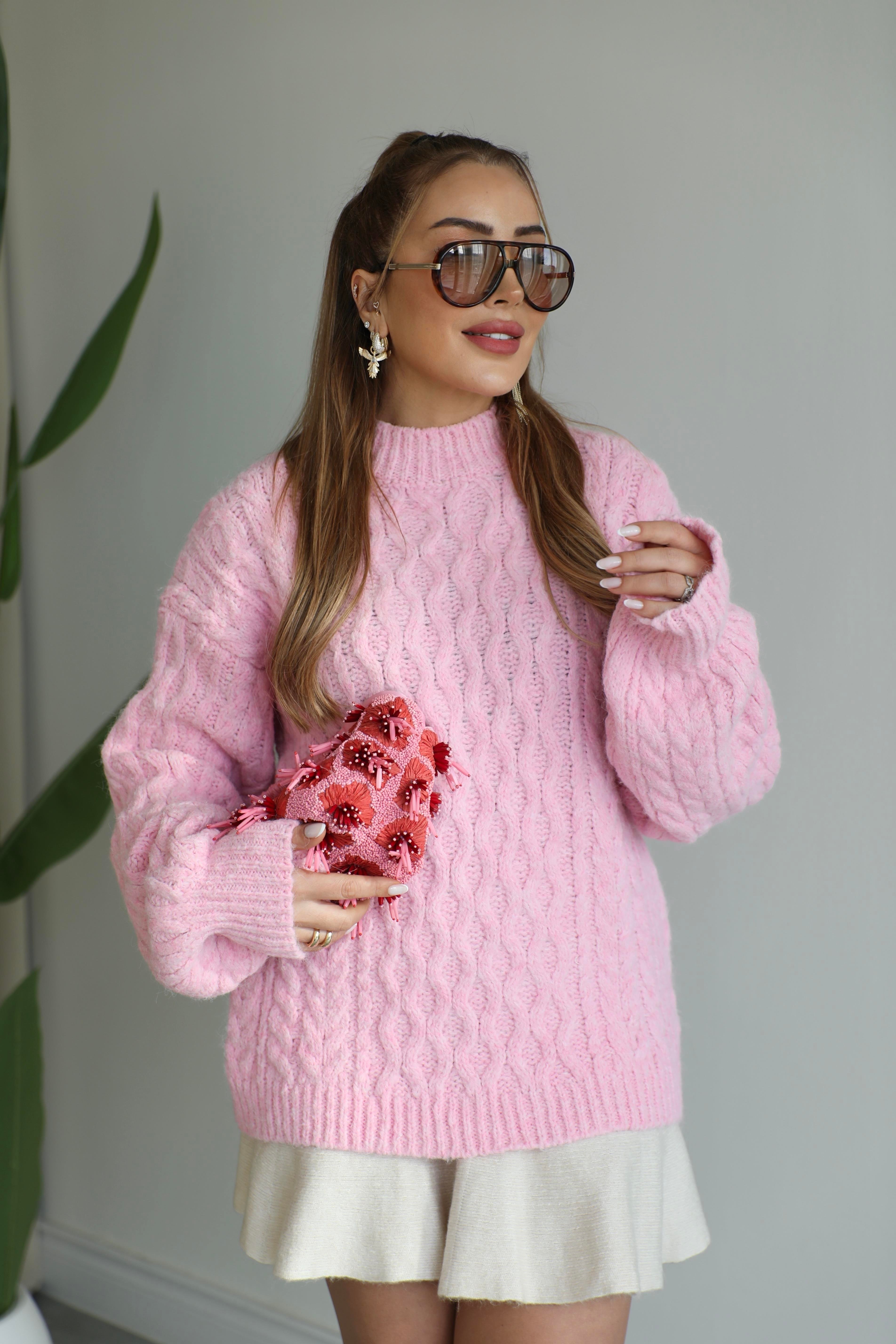 Pembe Saç Örgülü Oversize Kazak