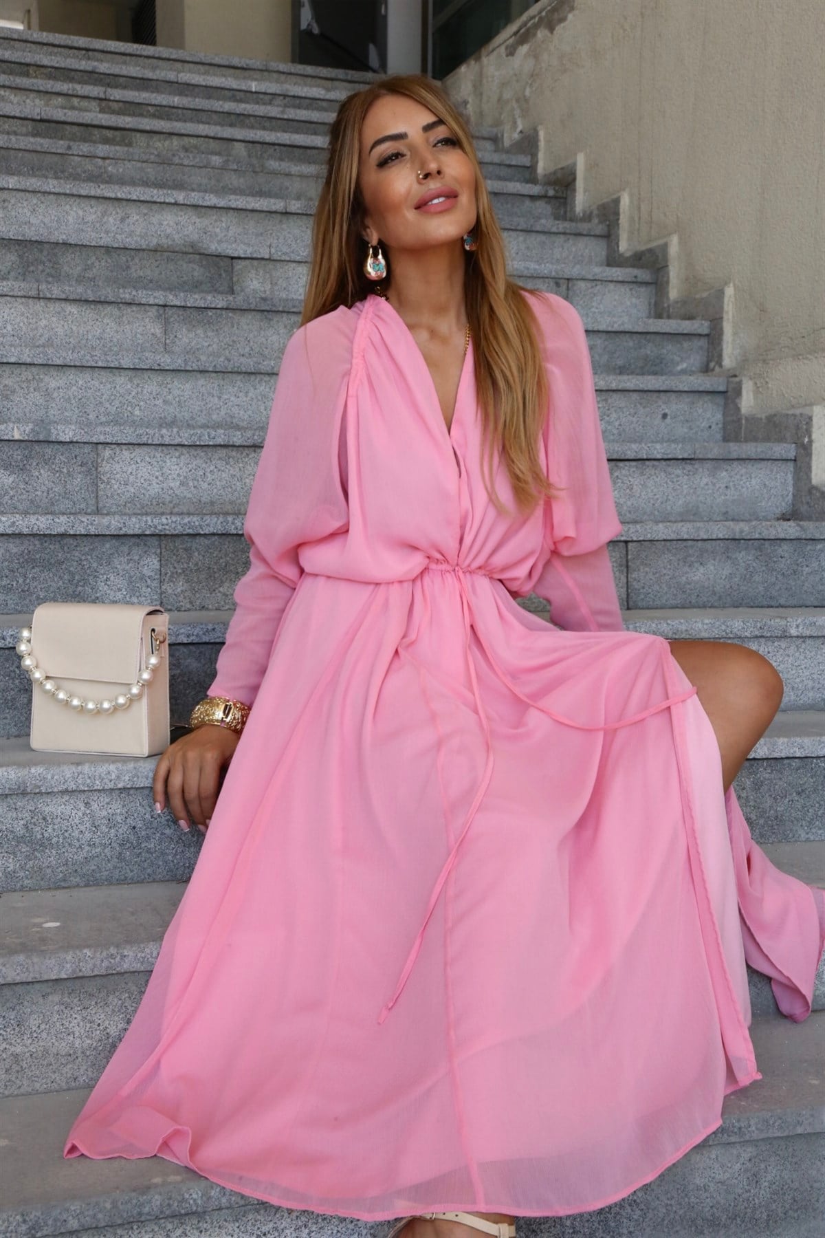Pembe Şifon Astarlı Elbise 