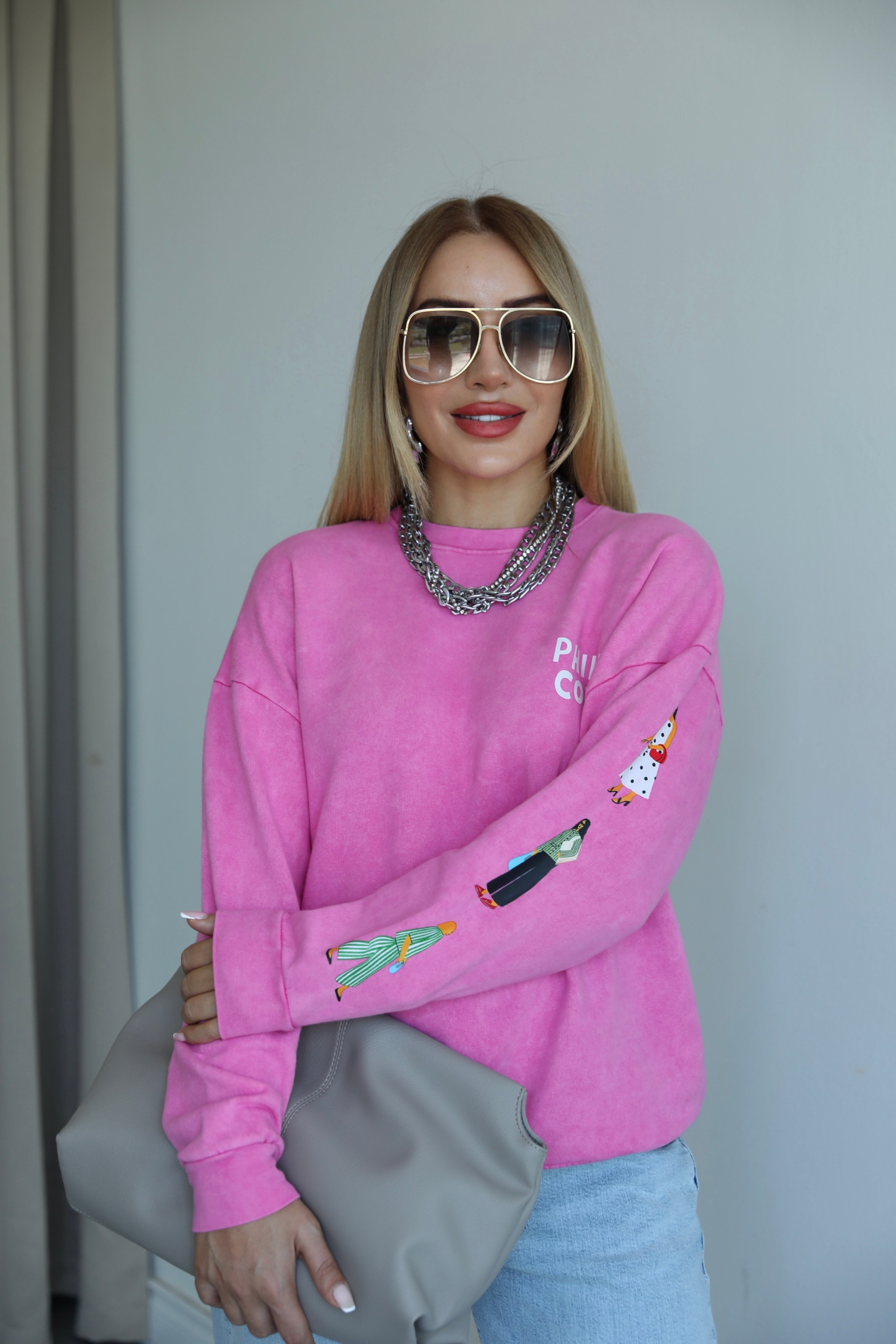 Pembe Sırt Baskılı Baskılı Sweat