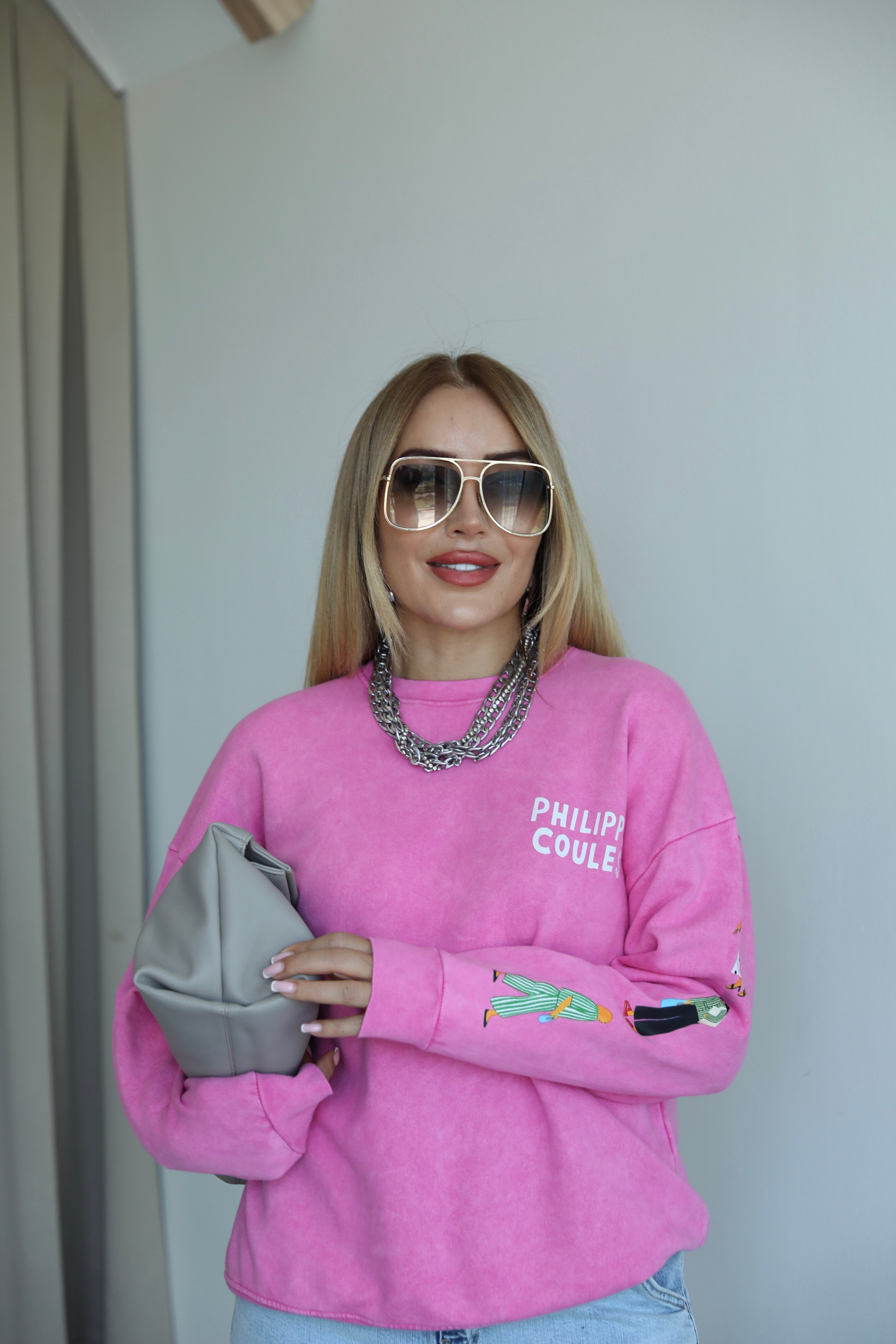 Pembe Sırt Baskılı Baskılı Sweat