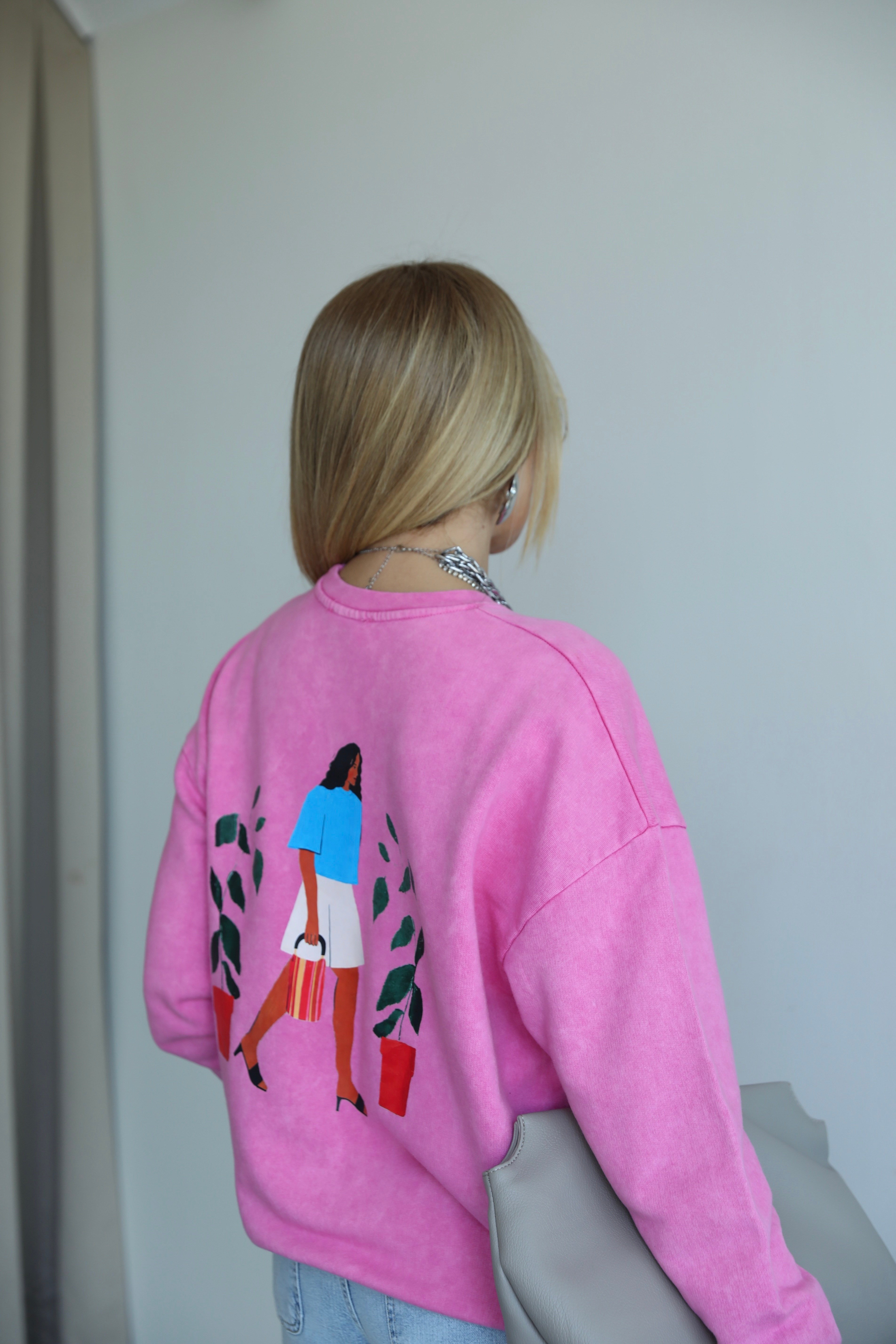 Pembe Sırt Baskılı Baskılı Sweat