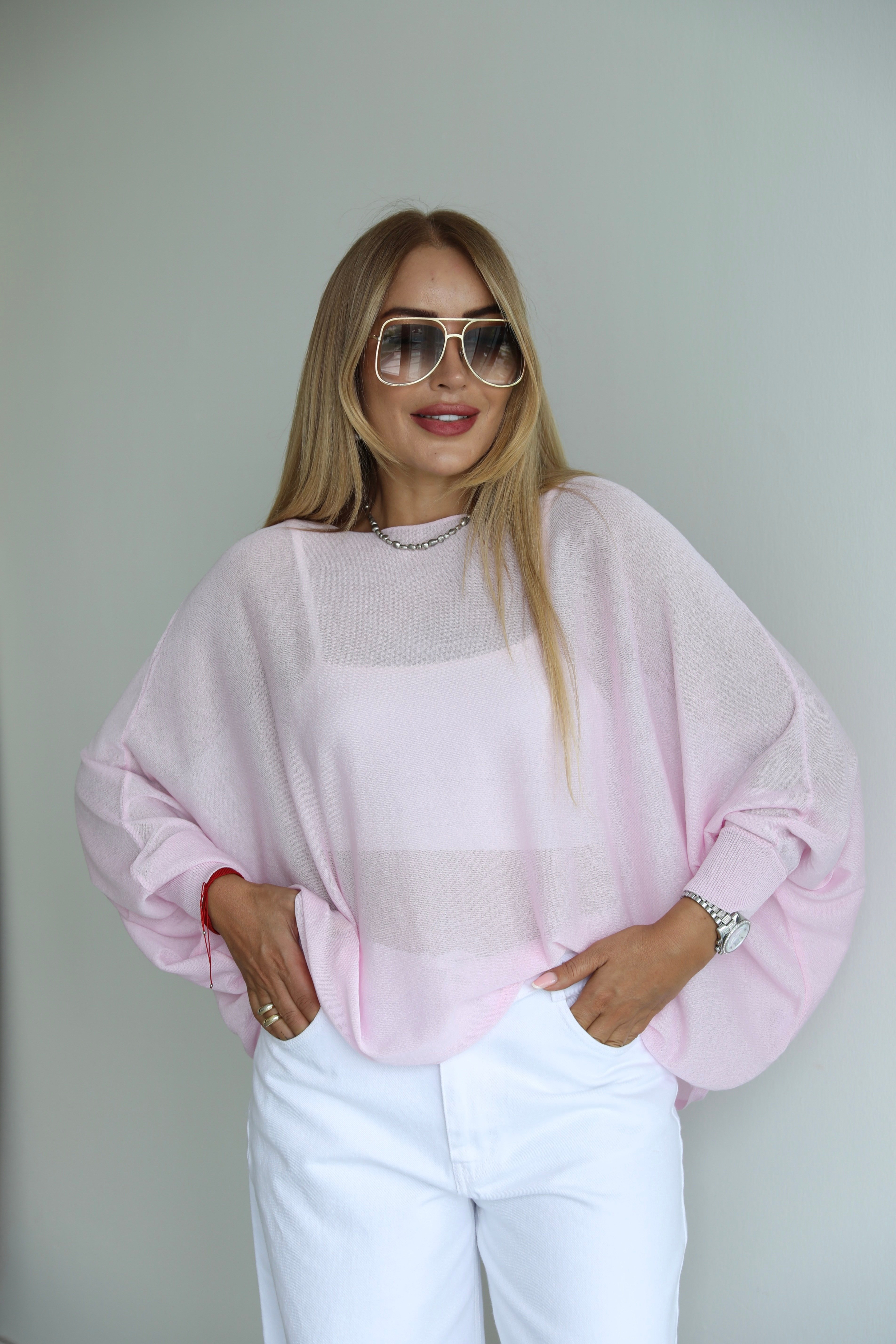 Pembe Transparan Triko Bluz