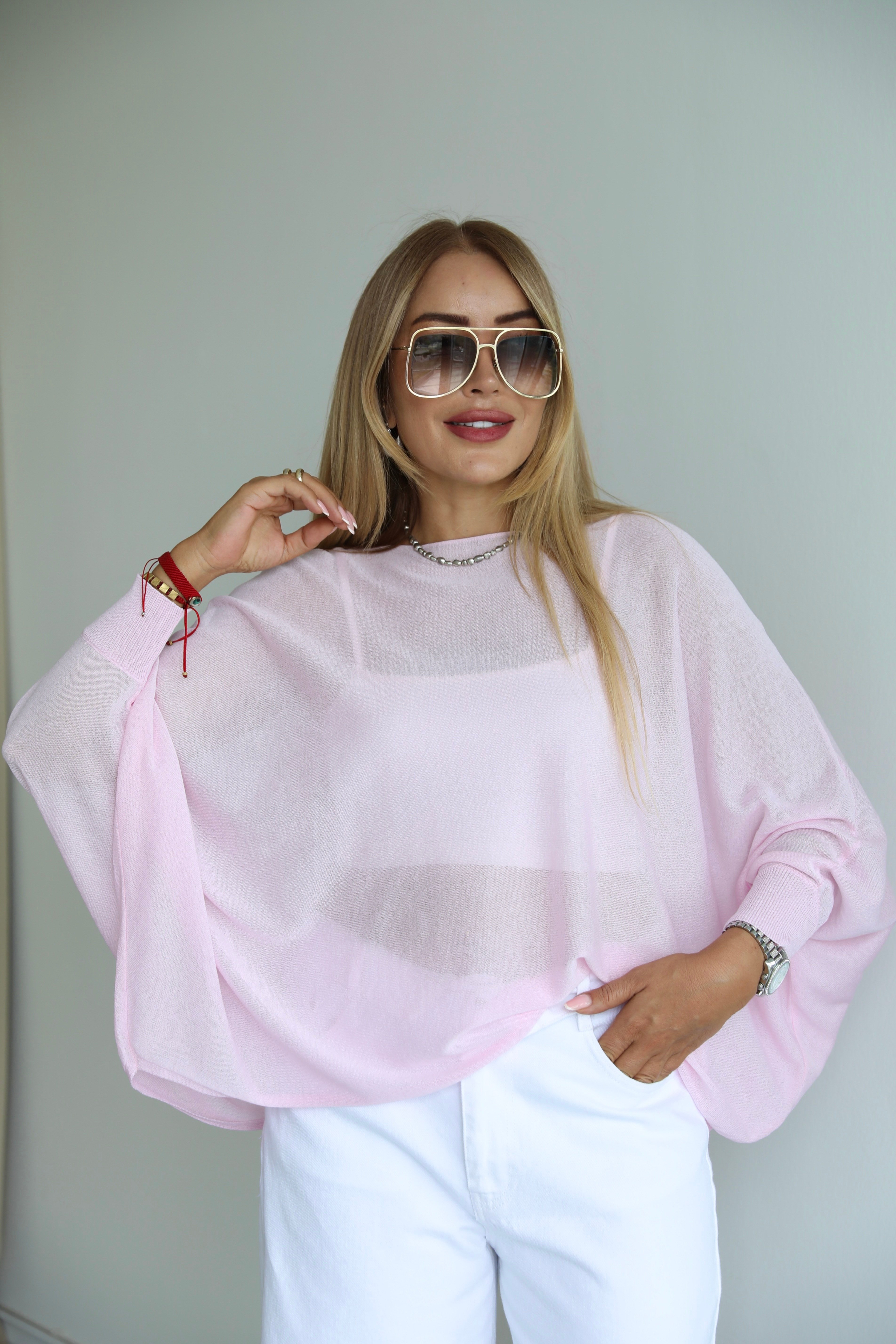 Pembe Transparan Triko Bluz