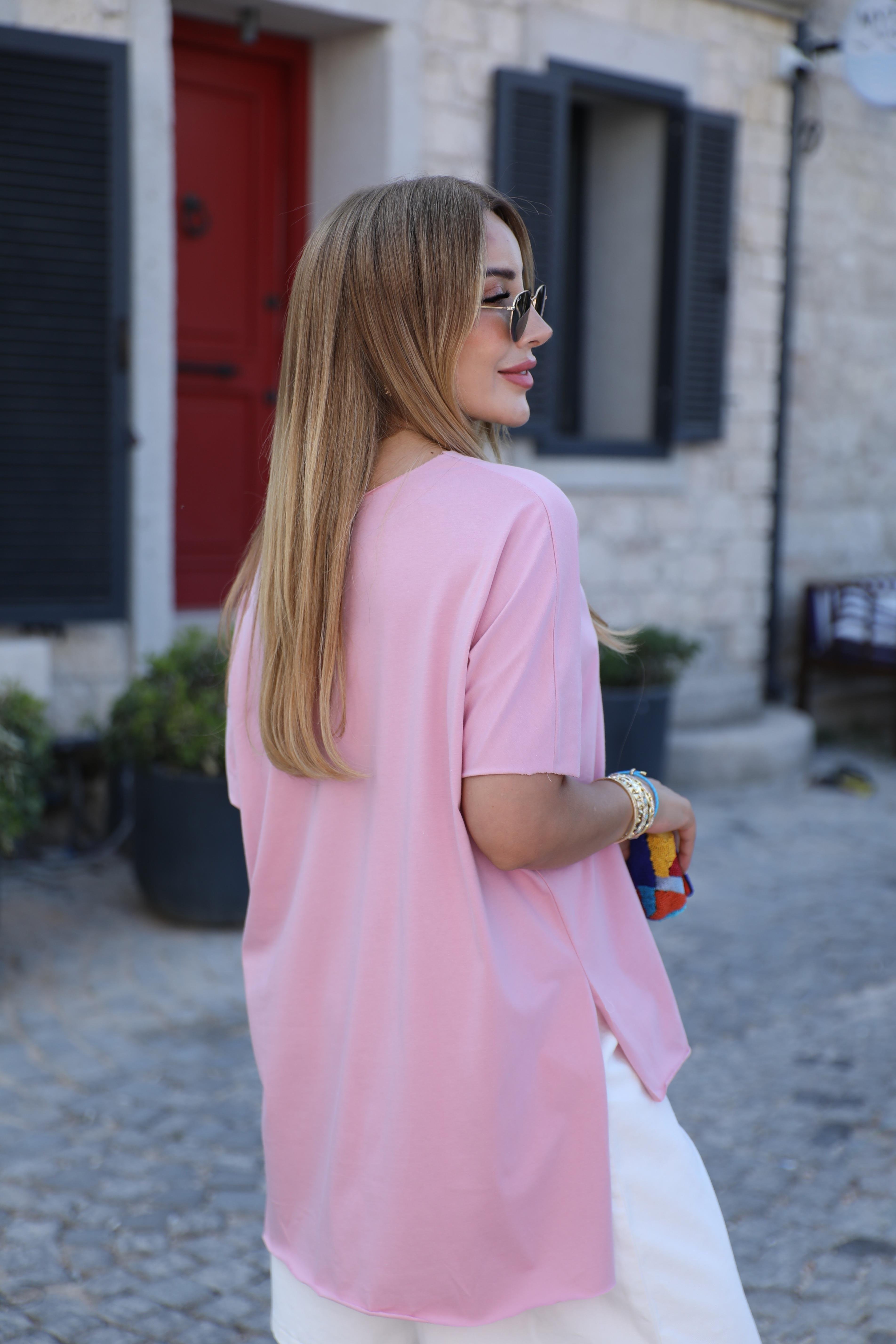 Pembe V Yaka Oversize T-shirt 