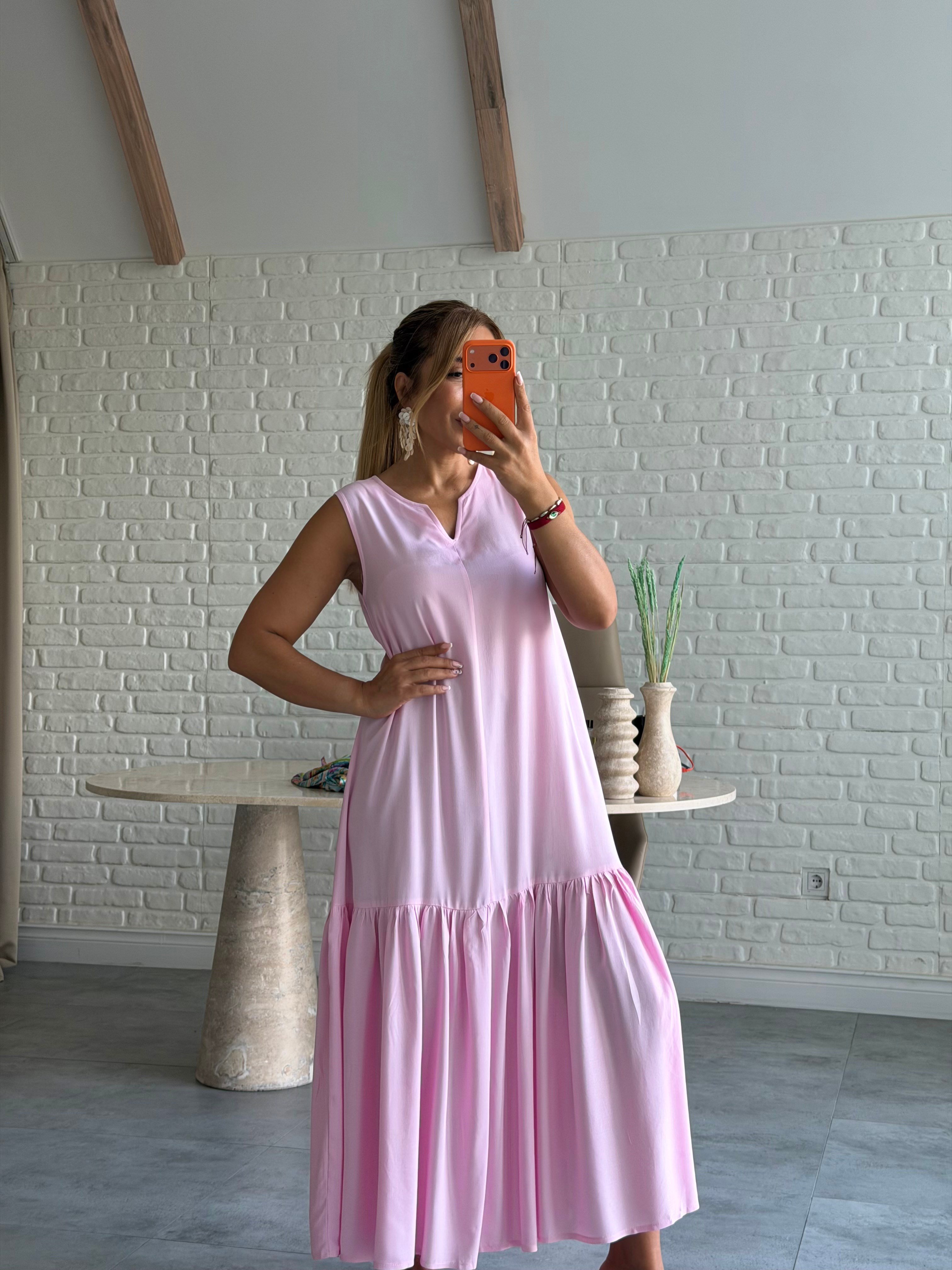 Pembe V Yaka Şal Detaylı Elbise 