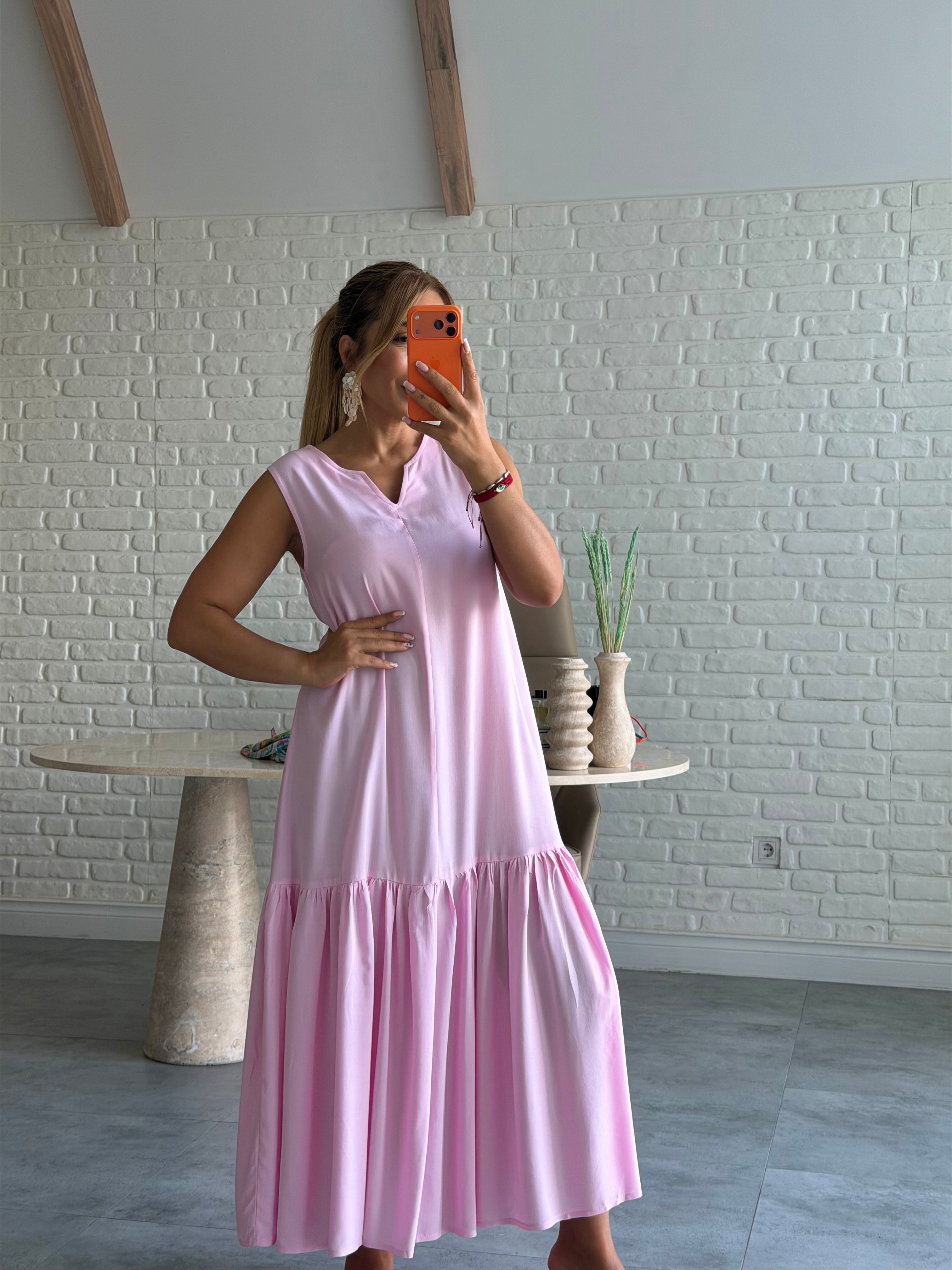 Pembe V Yaka Şal Detaylı Elbise 