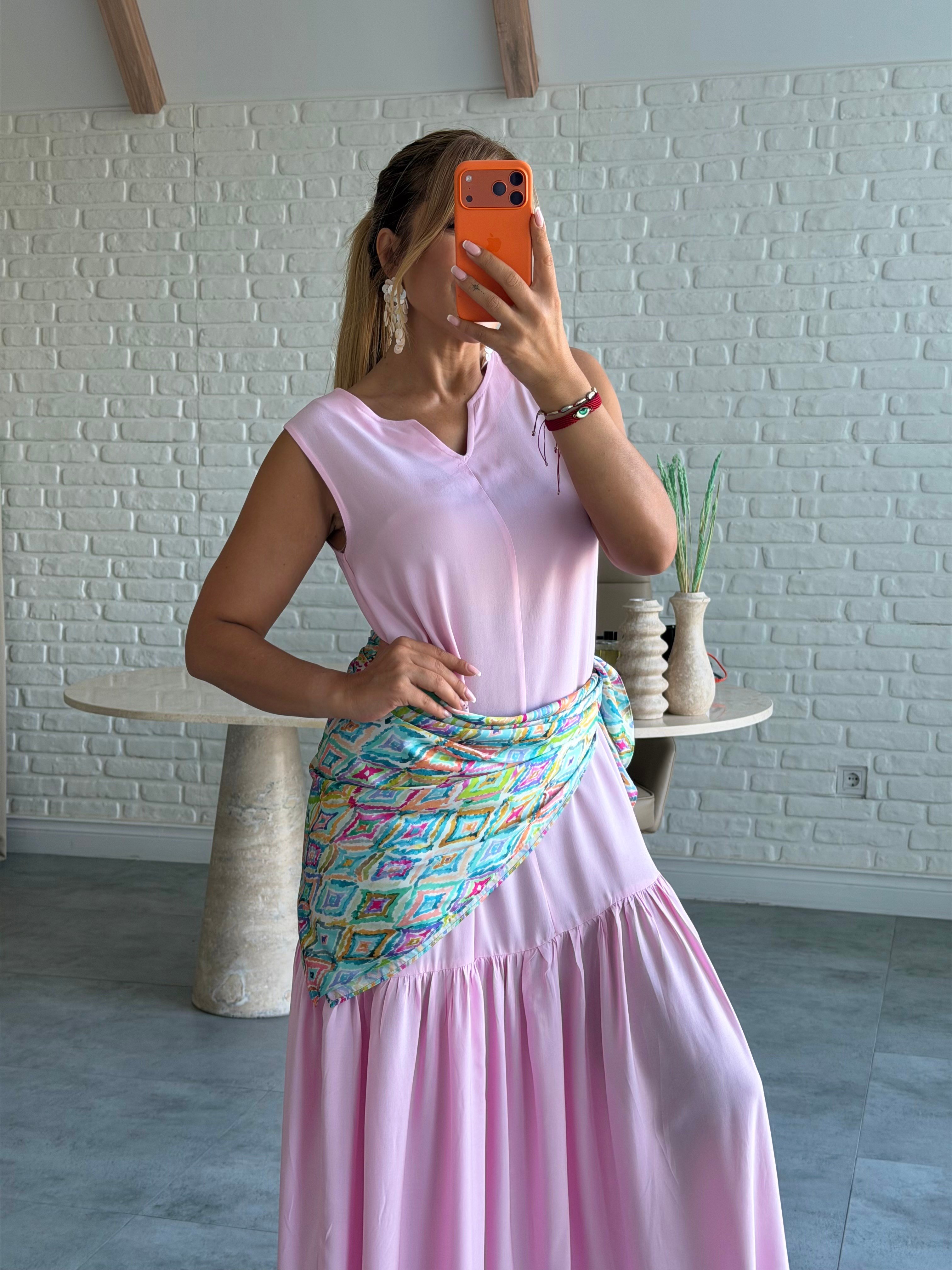 Pembe V Yaka Şal Detaylı Elbise 