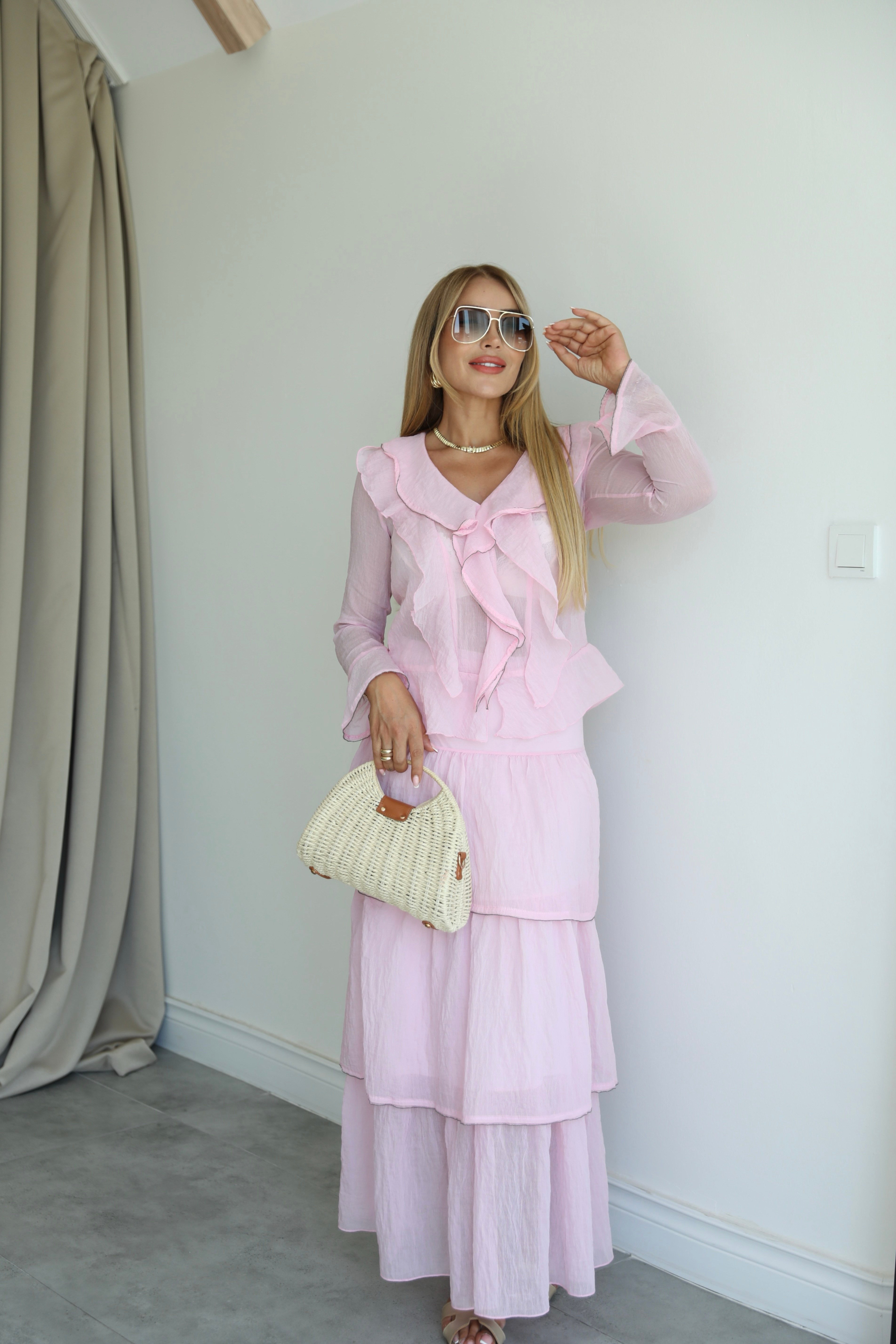 Pembe Volanlı Katlı Etek Gömlek Takım 