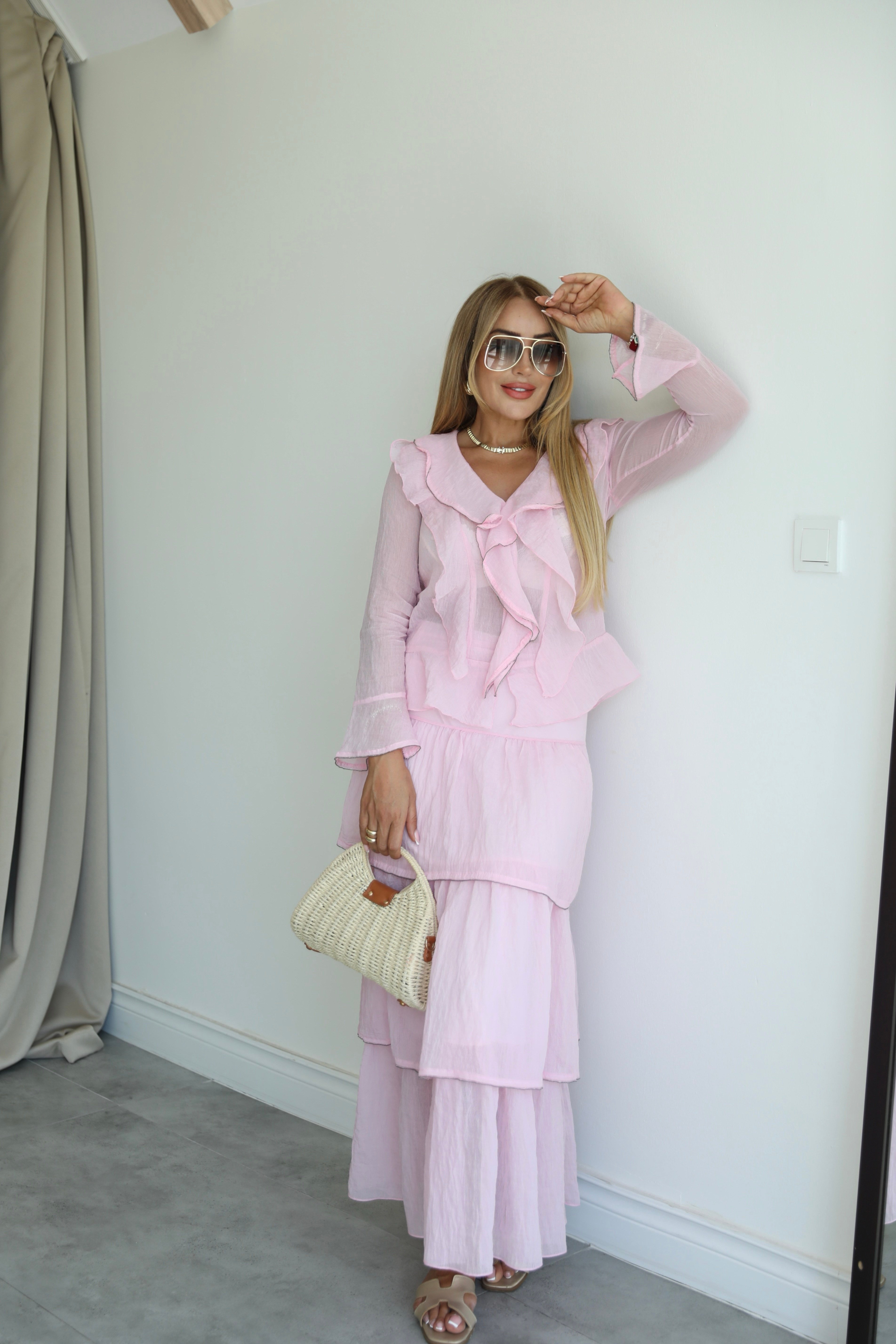 Pembe Volanlı Katlı Etek Gömlek Takım 