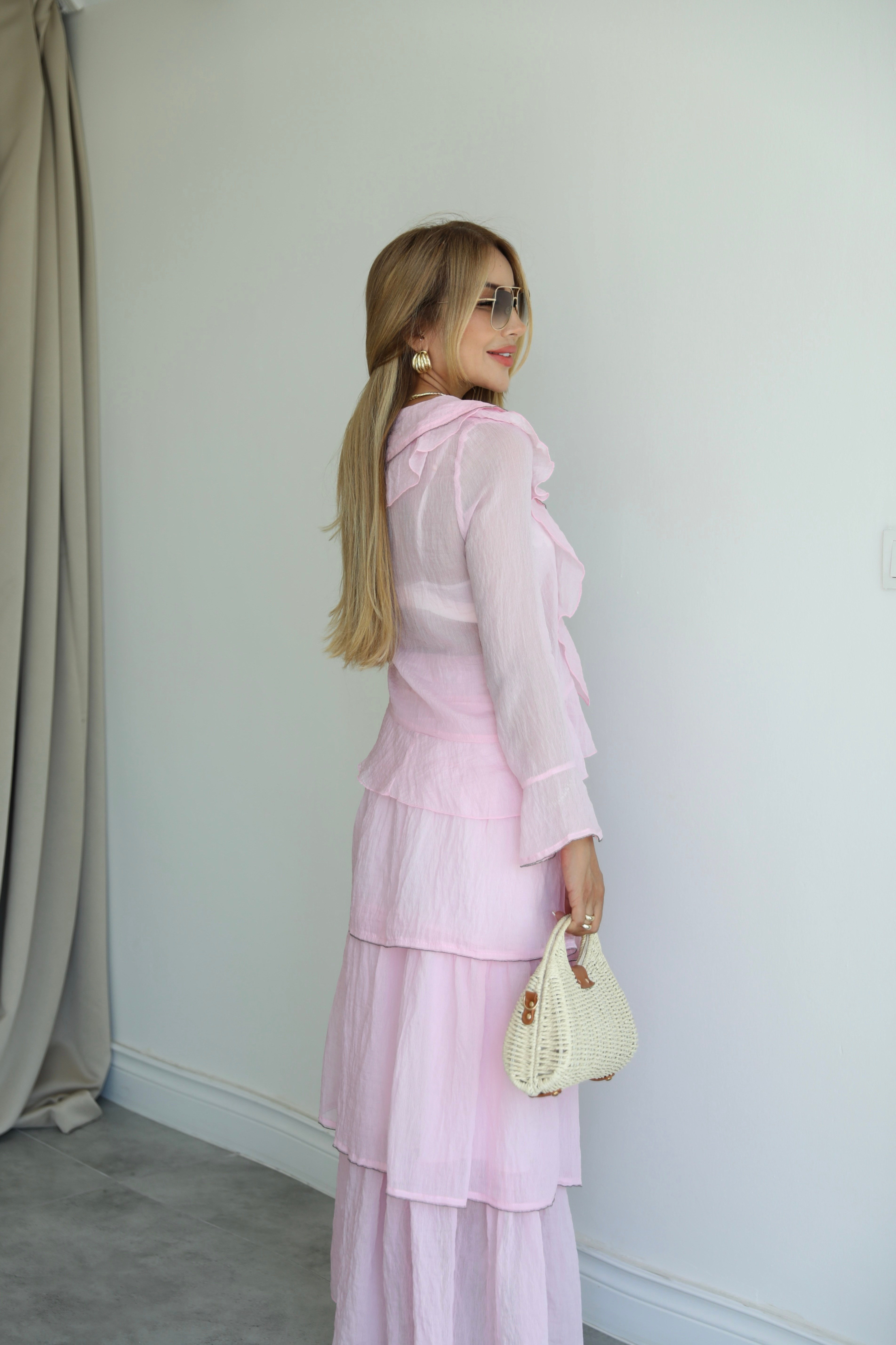 Pembe Volanlı Katlı Etek Gömlek Takım 