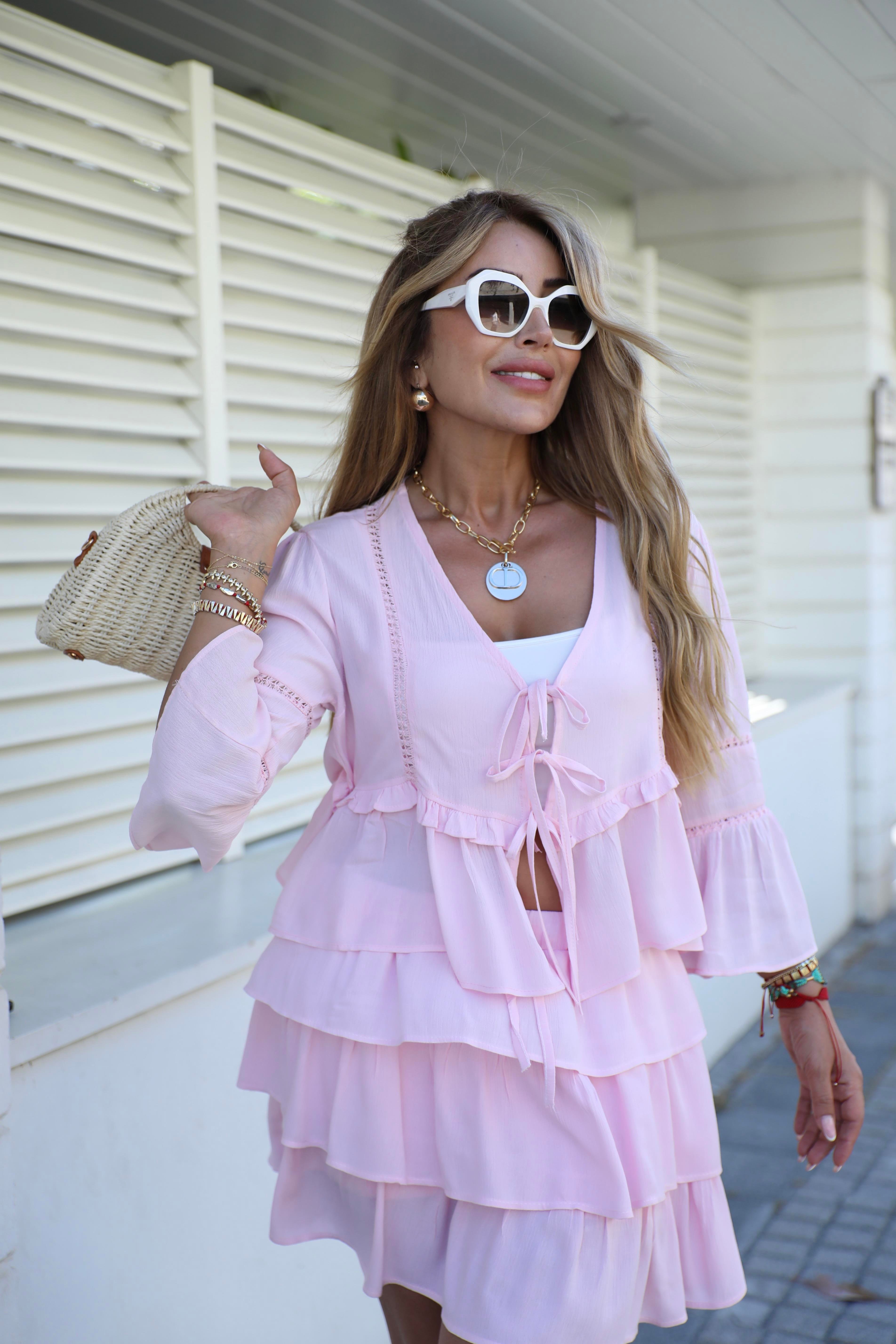 Pembe Volanlı Keten Etek Bluz Takım 