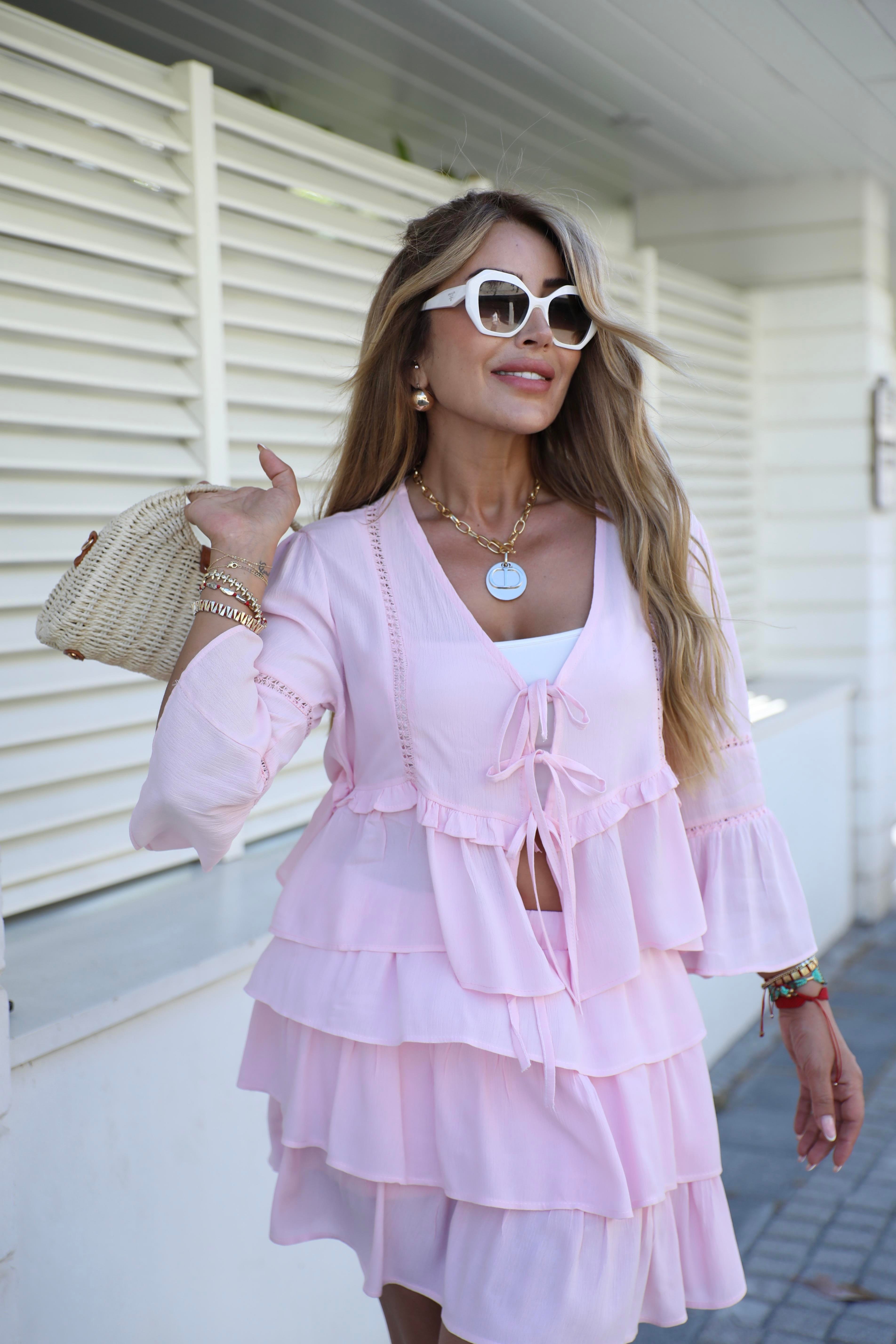 Pembe Volanlı Keten Etek Bluz Takım 
