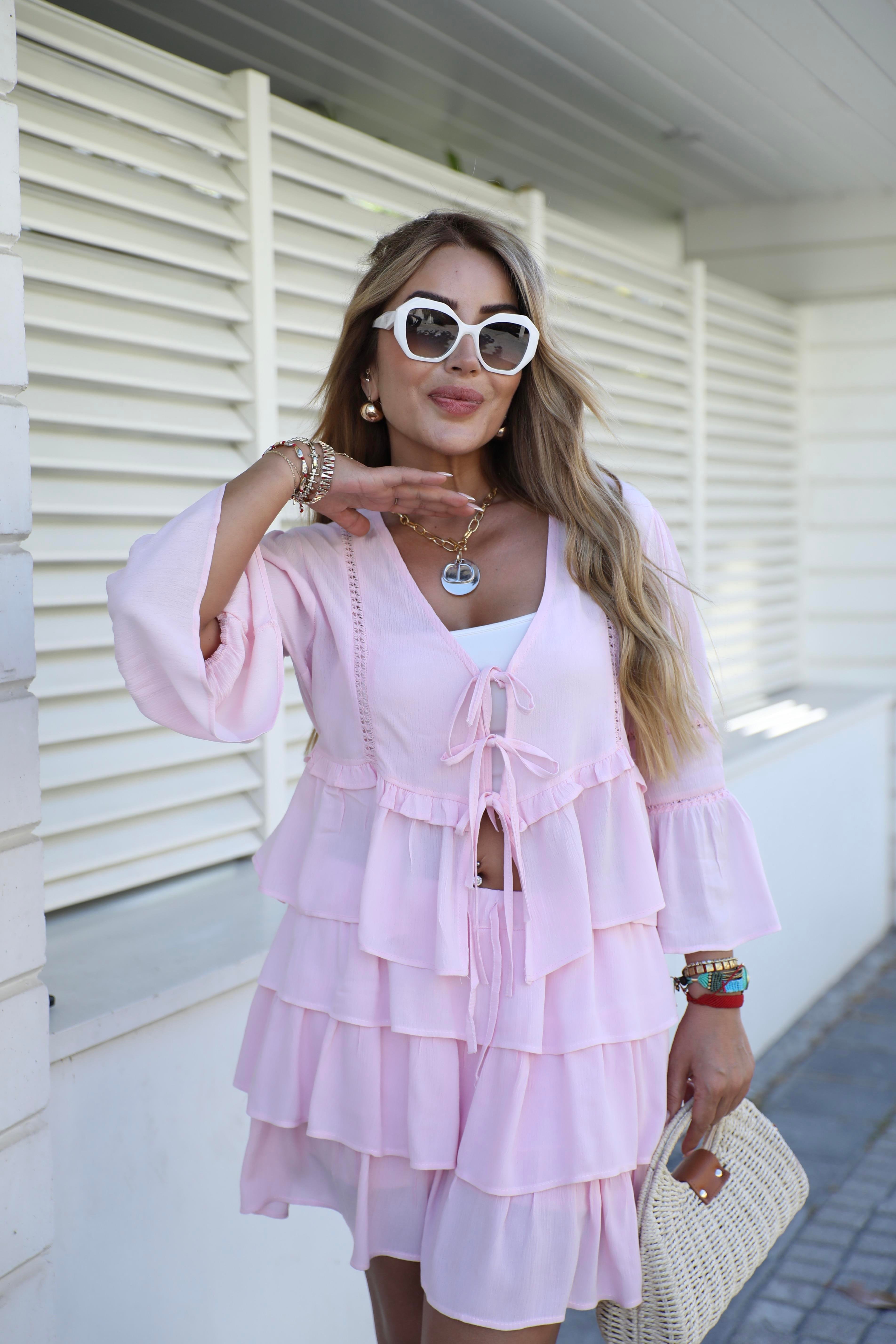 Pembe Volanlı Keten Etek Bluz Takım 