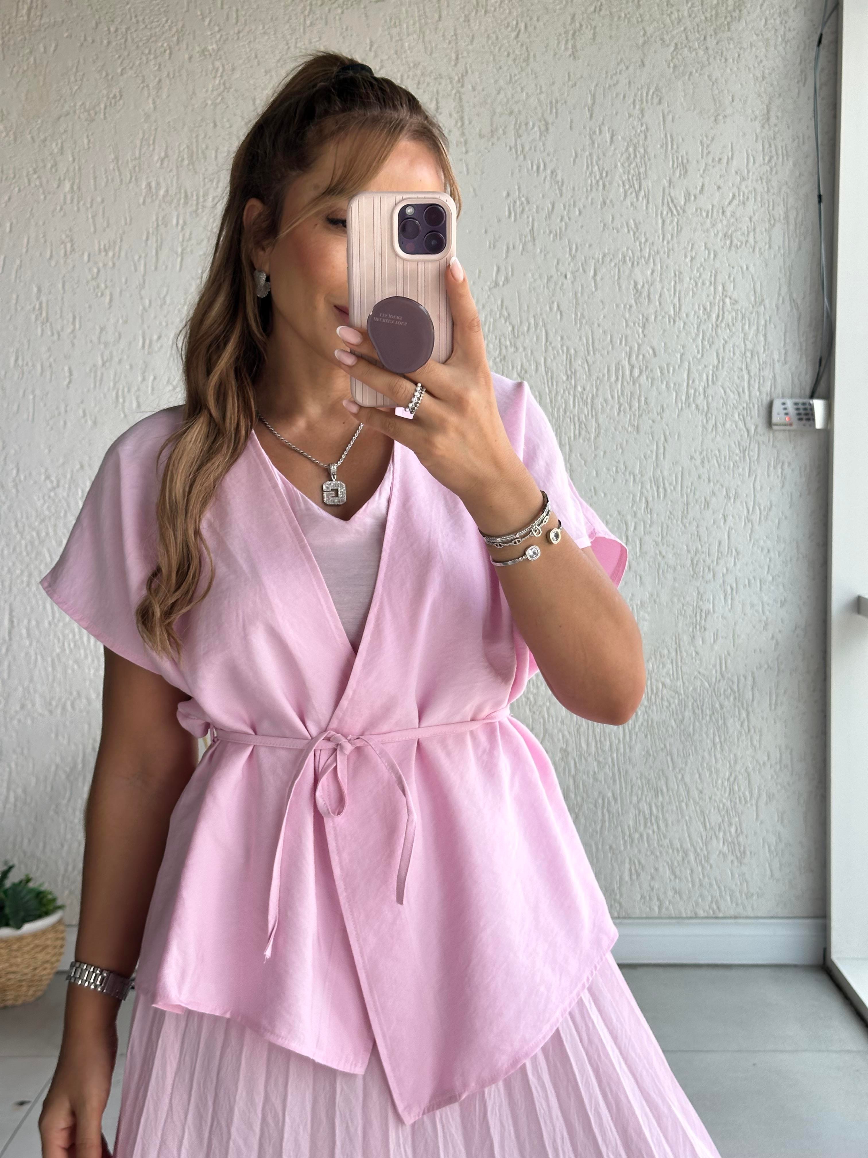 Pembe Yelekli Piliseli Elbise