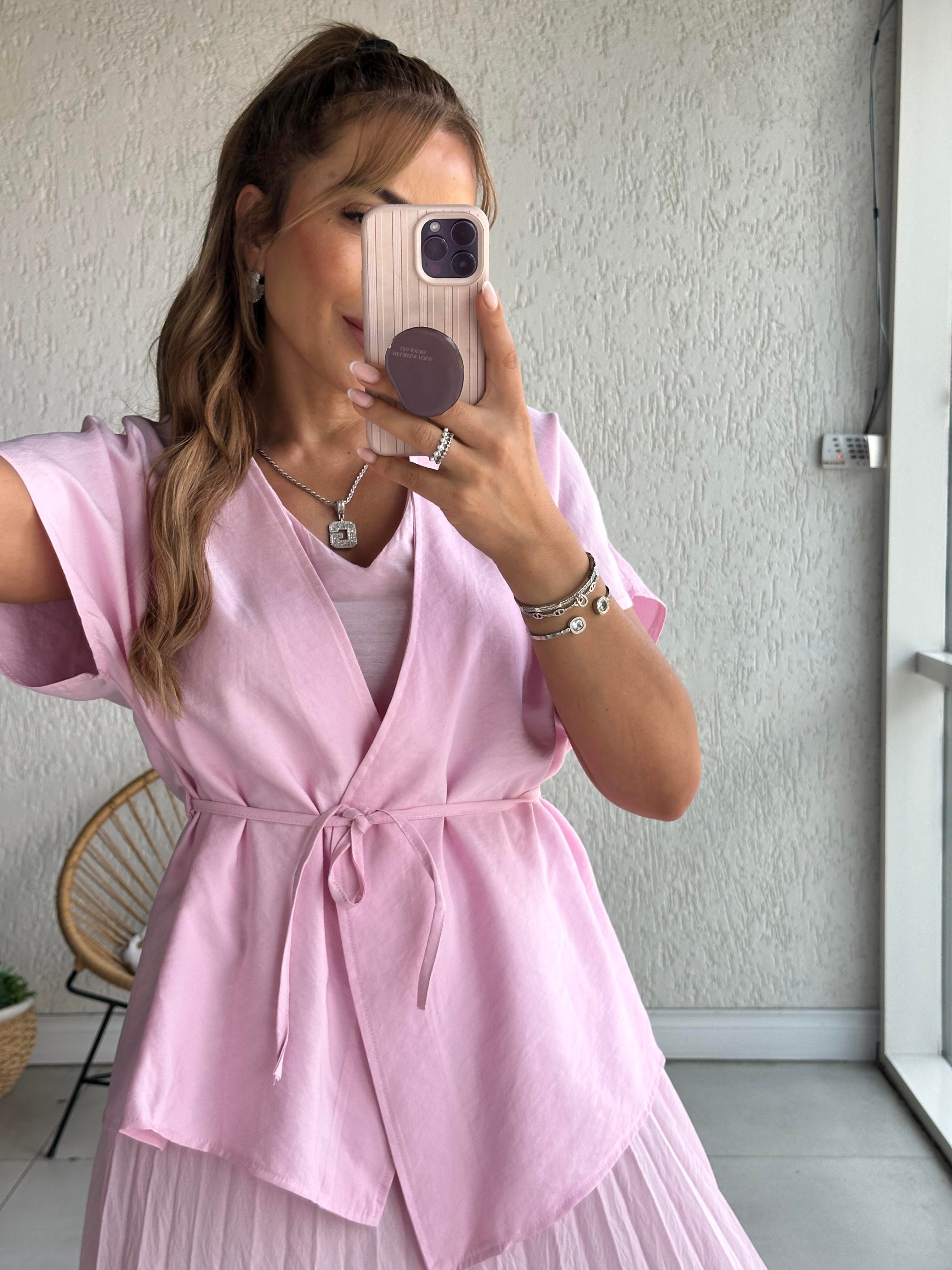 Pembe Yelekli Piliseli Elbise