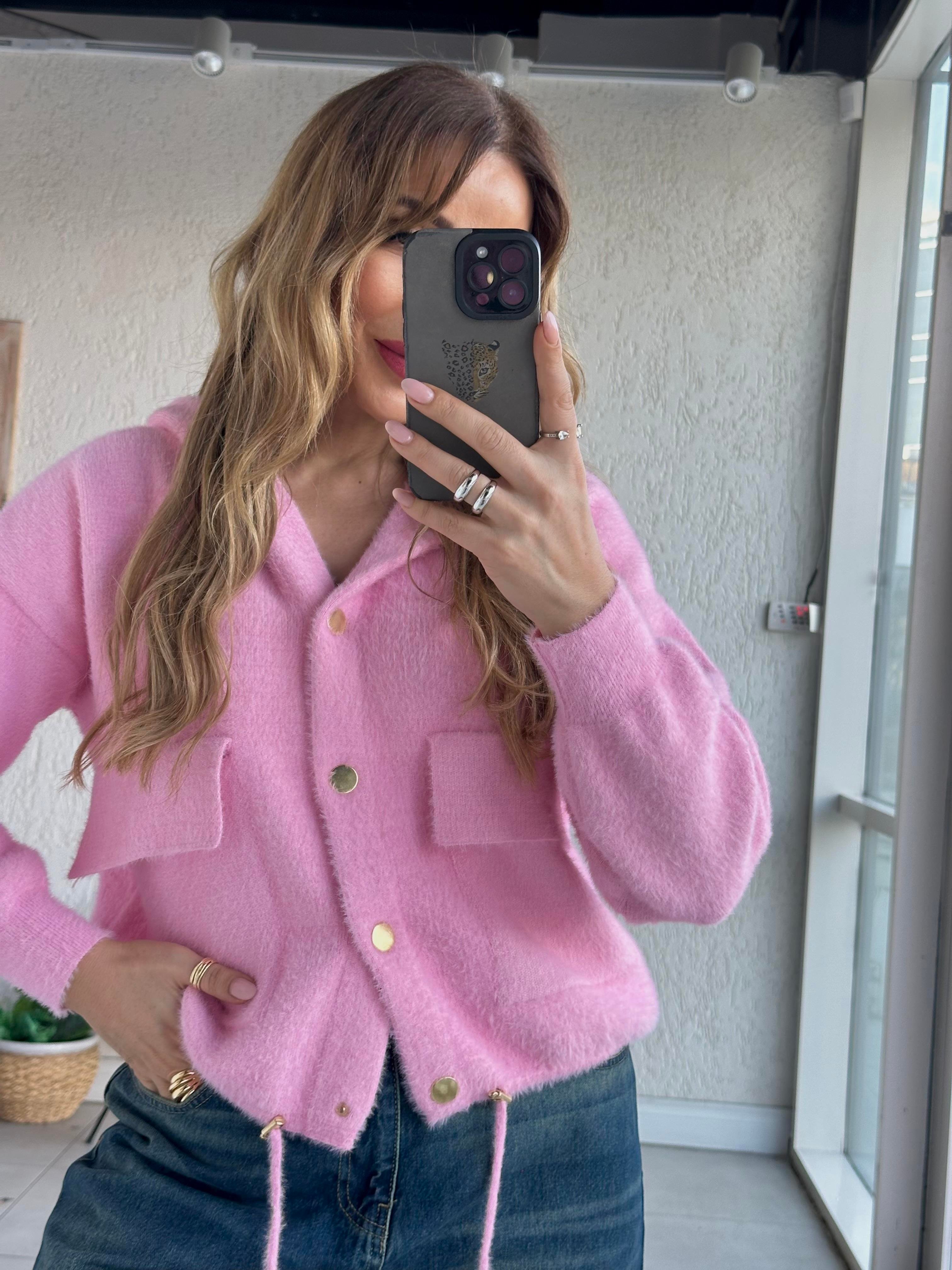 Pembe Yumoş Kapişonlu Hırka