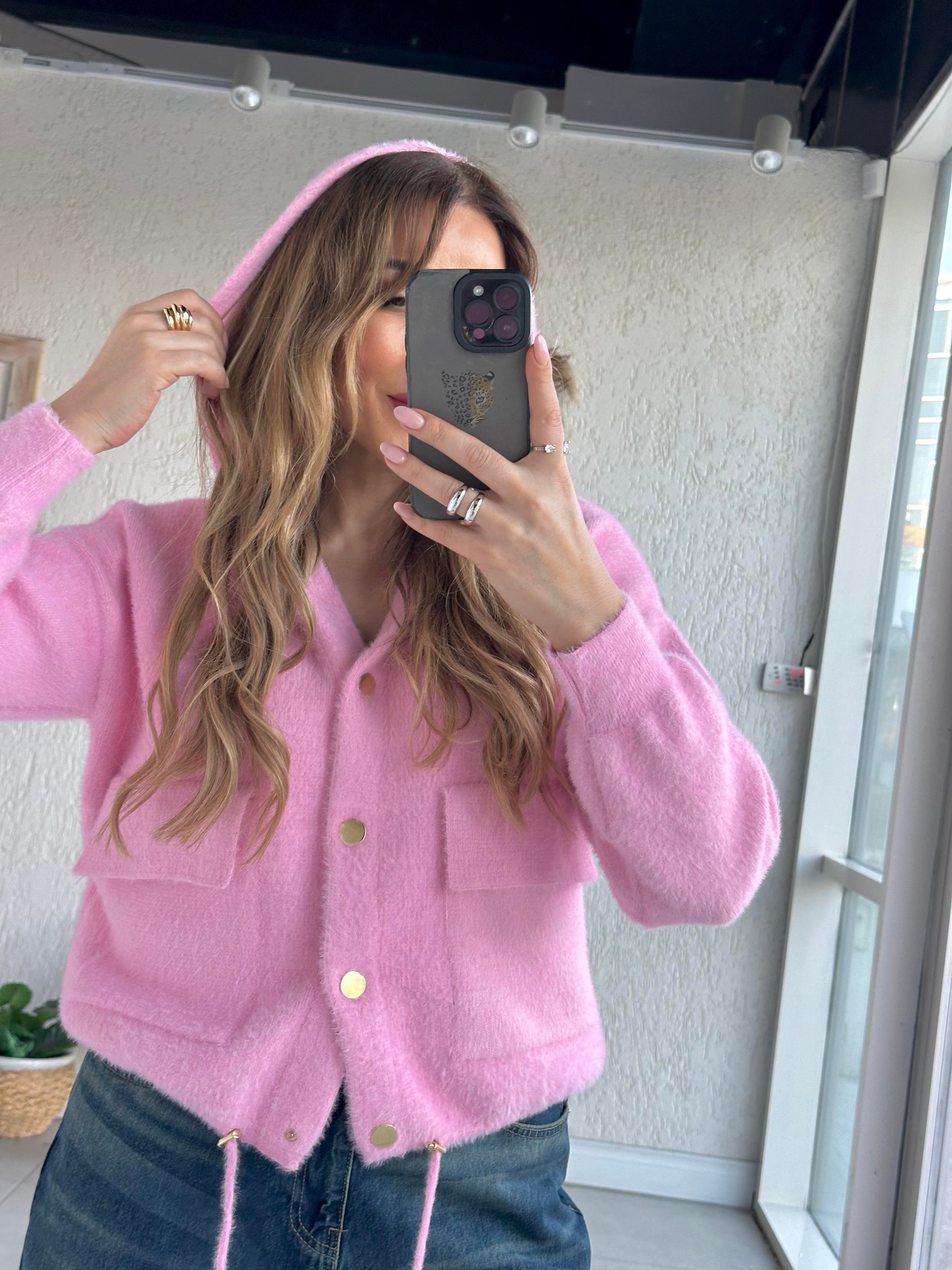 Pembe Yumoş Kapişonlu Hırka