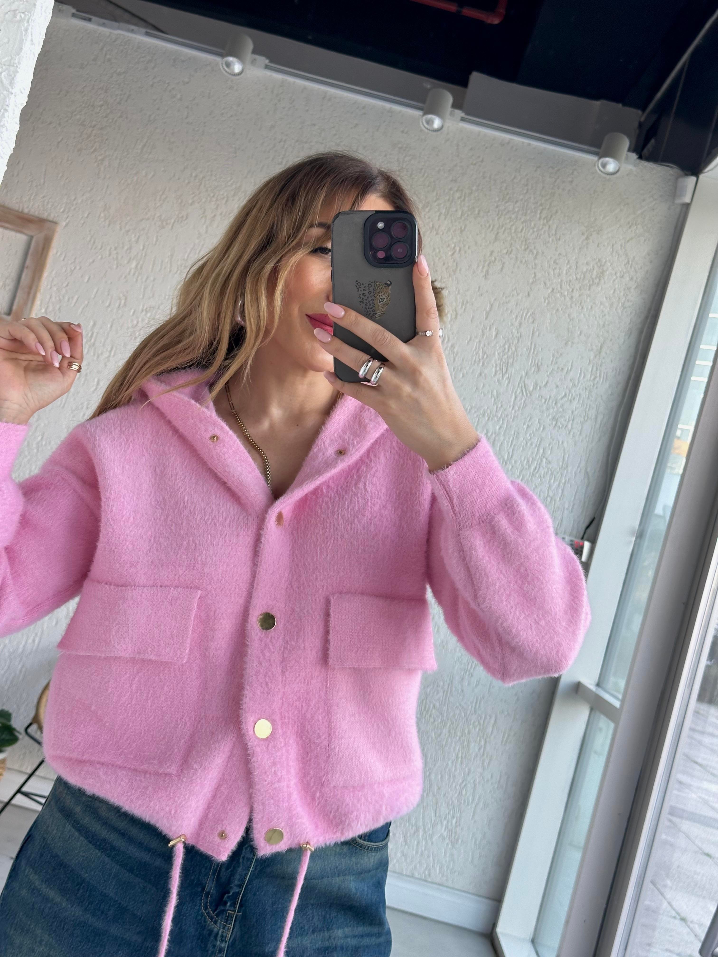 Pembe Yumoş Kapişonlu Hırka