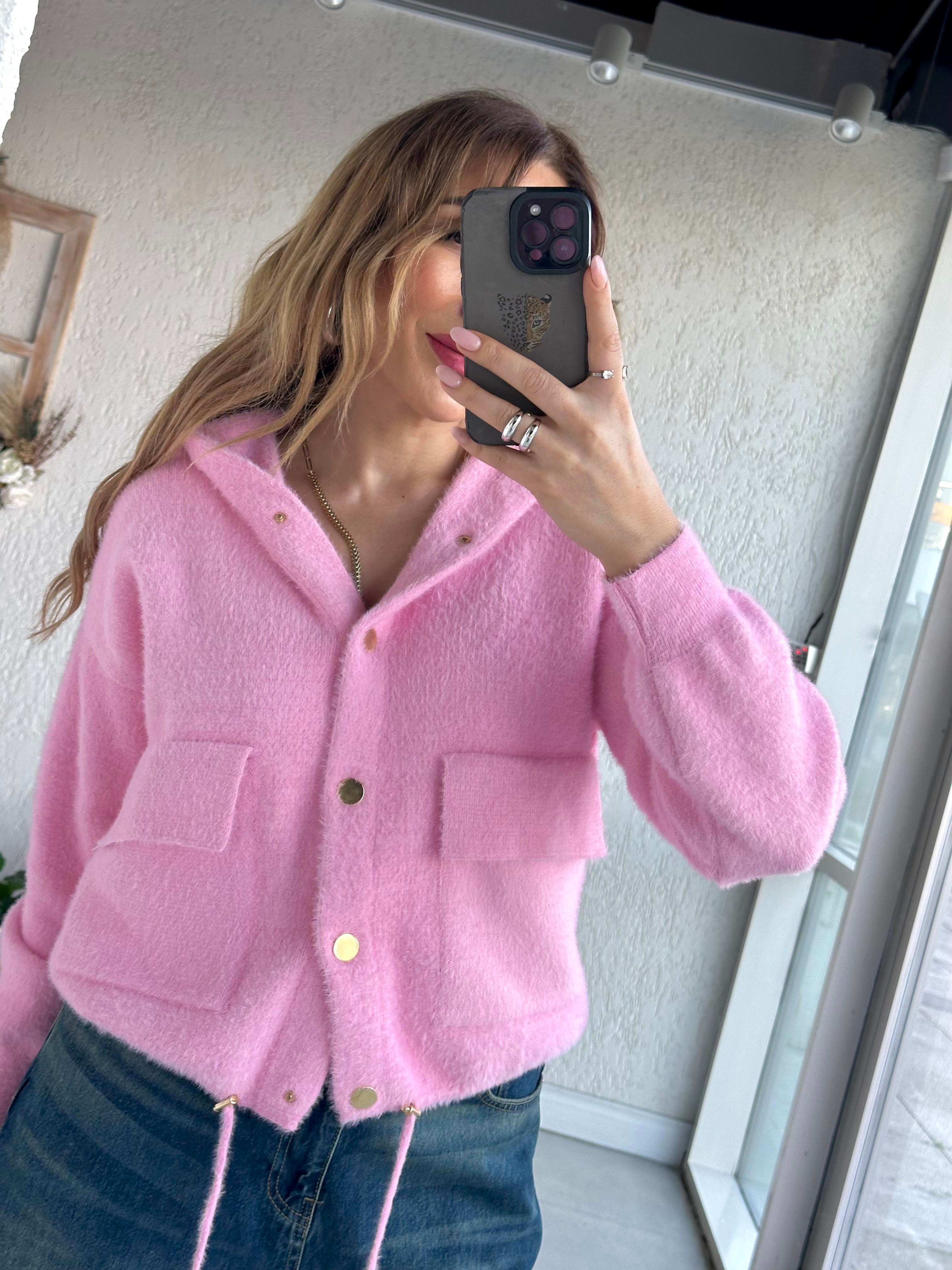 Pembe Yumoş Kapişonlu Hırka