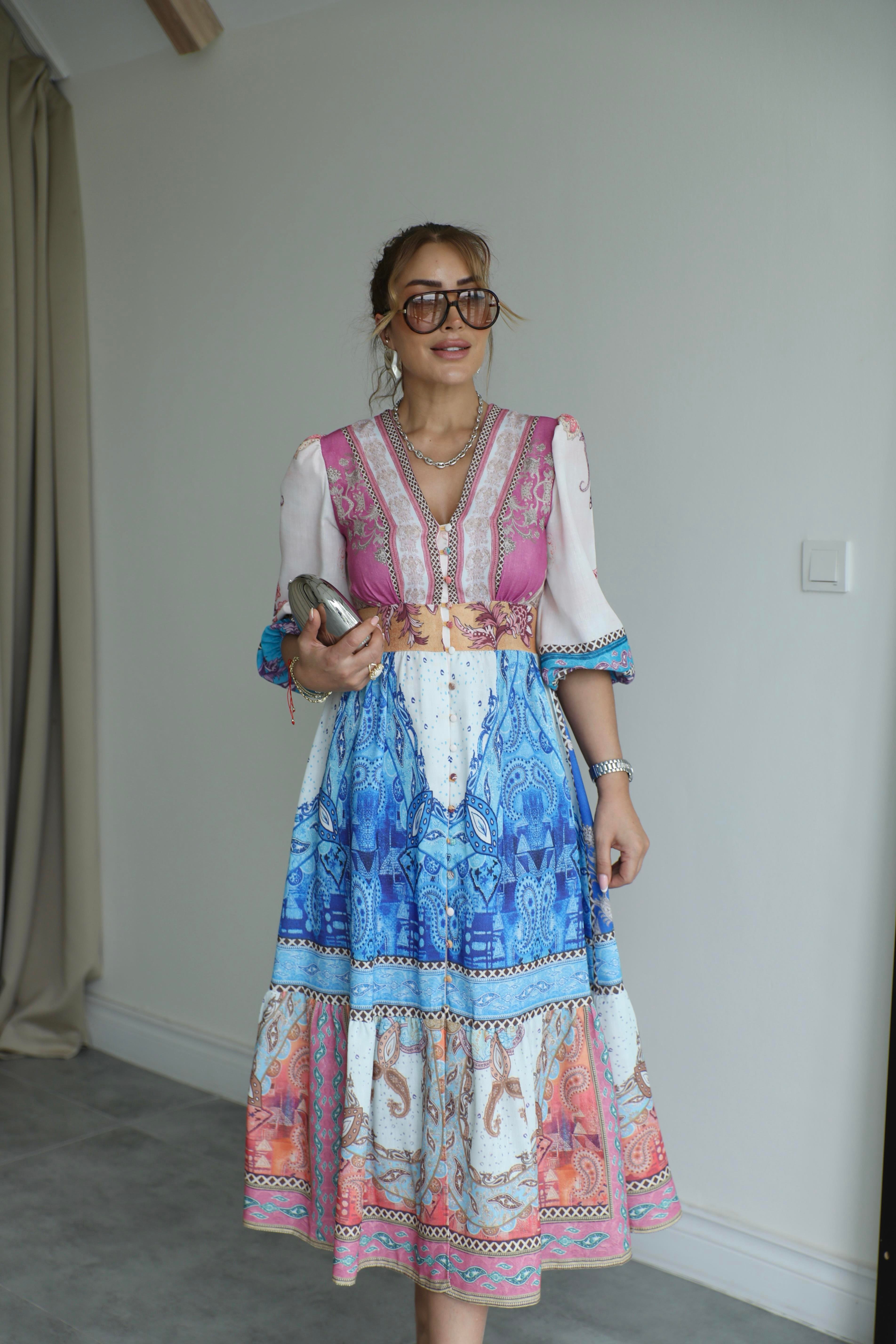 Renkli Etnik Brit Düğmeli Elbise