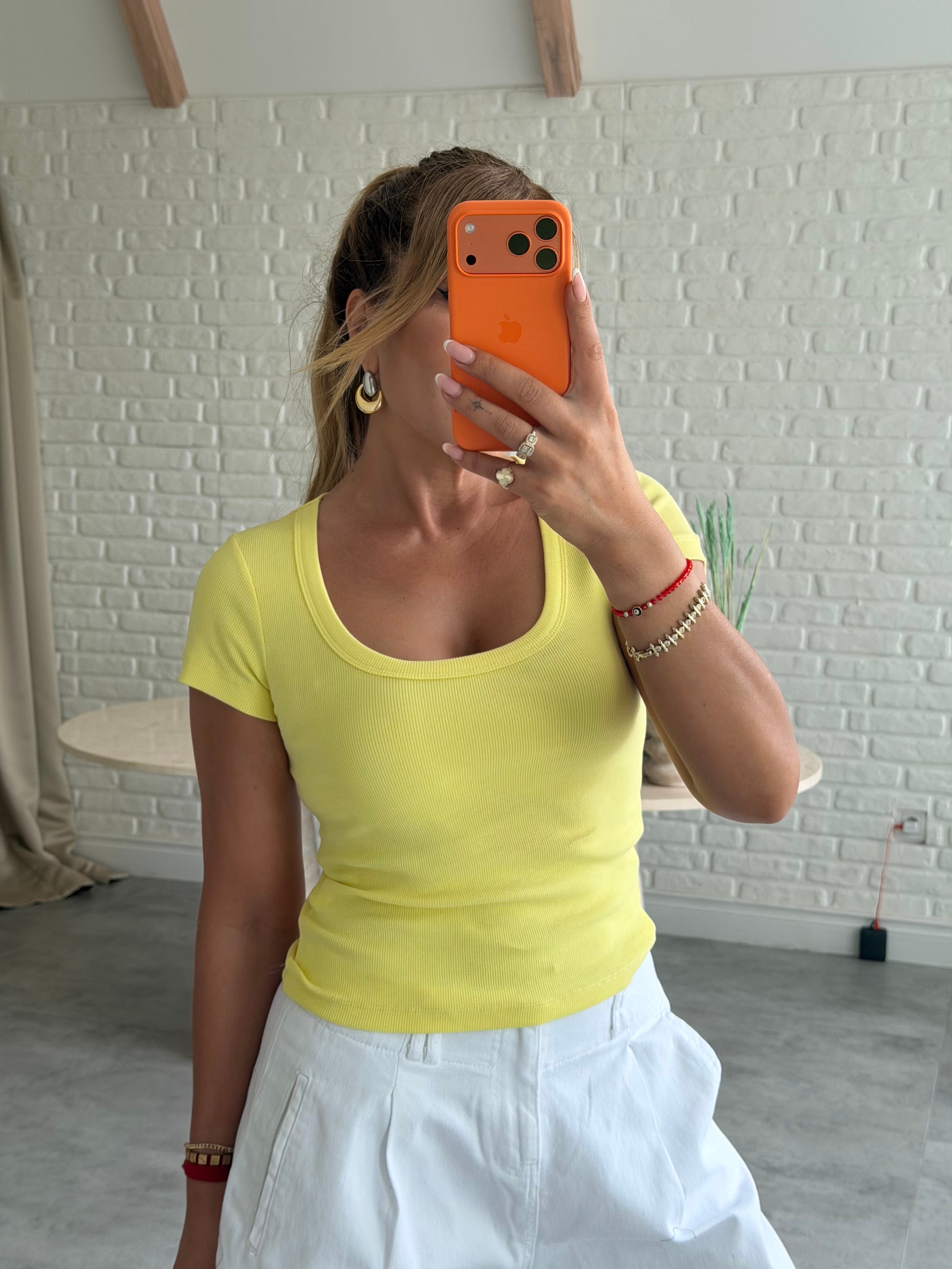 Sarı Bisiklet Yaka Fitilli T-shirt 