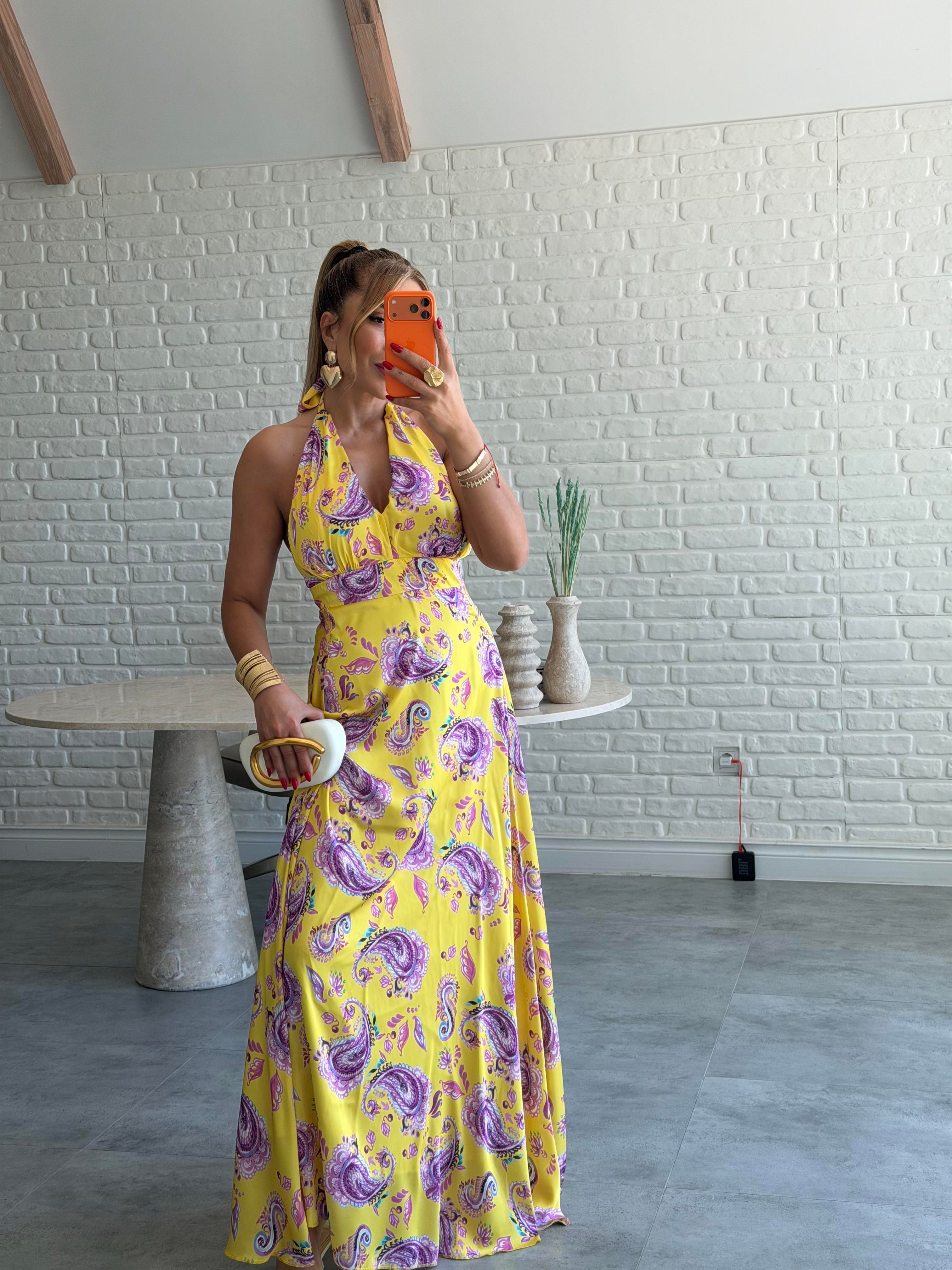 Sarı Çiçek Desenli Balenli Dekolteli Elbise