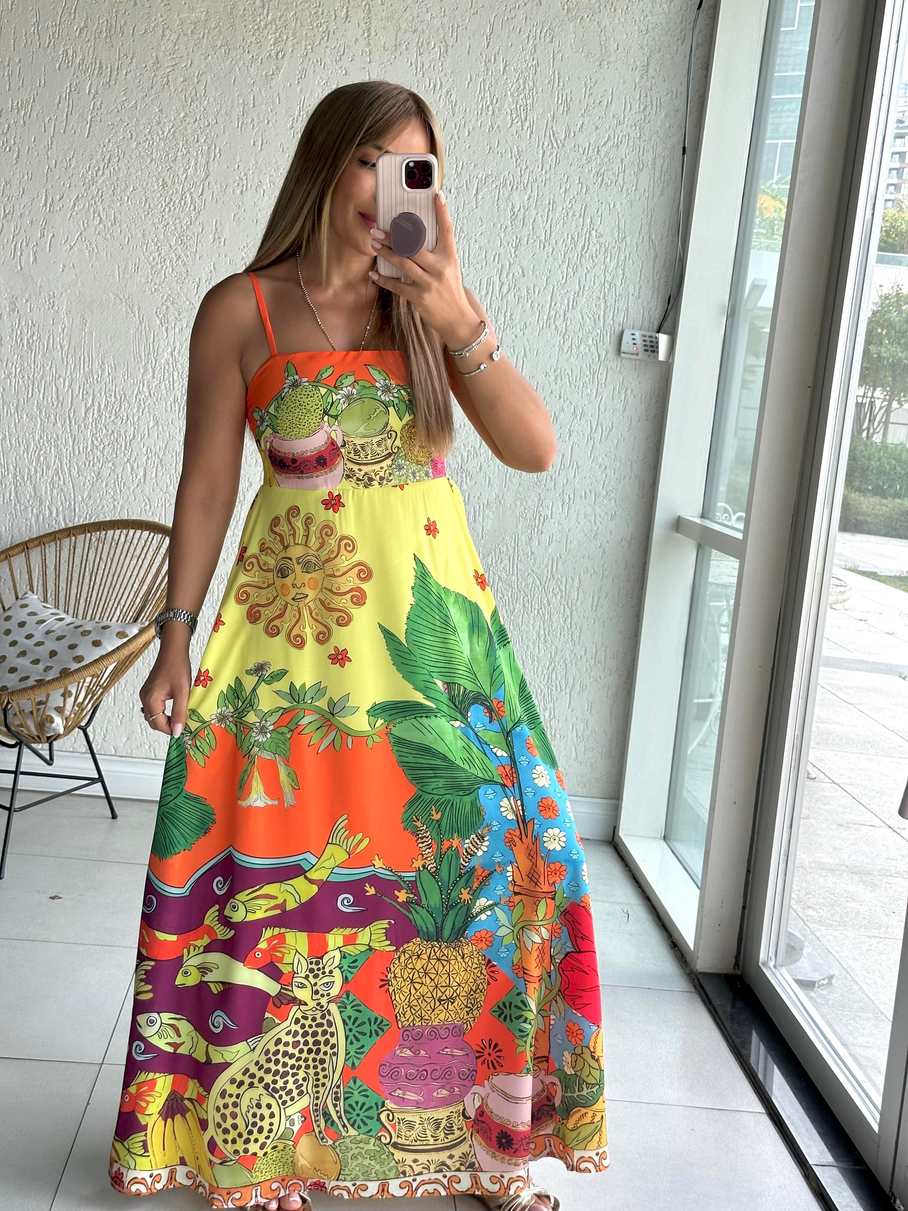 Sarı Güneş Desenli Maxi Elbise