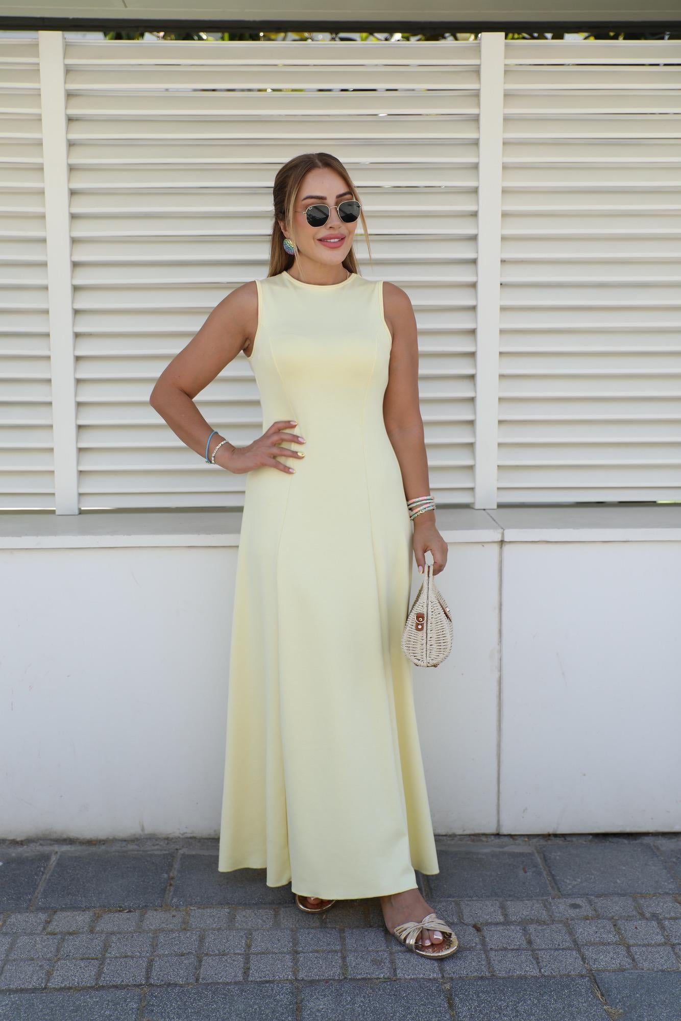 Sarı Kalın Askılı Modal Maxi Elbise