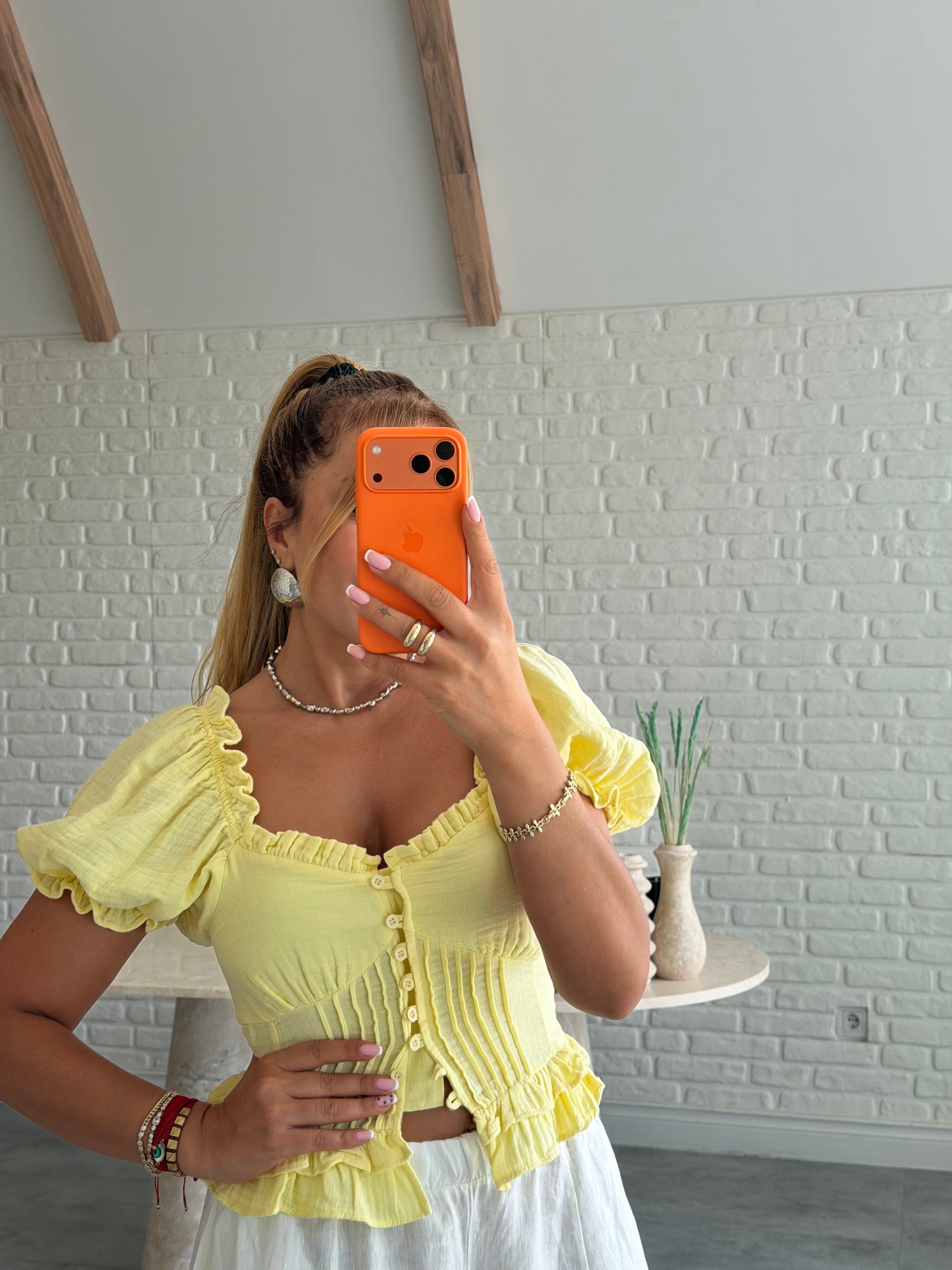 Sarı Müslin Balon Kol Bluz