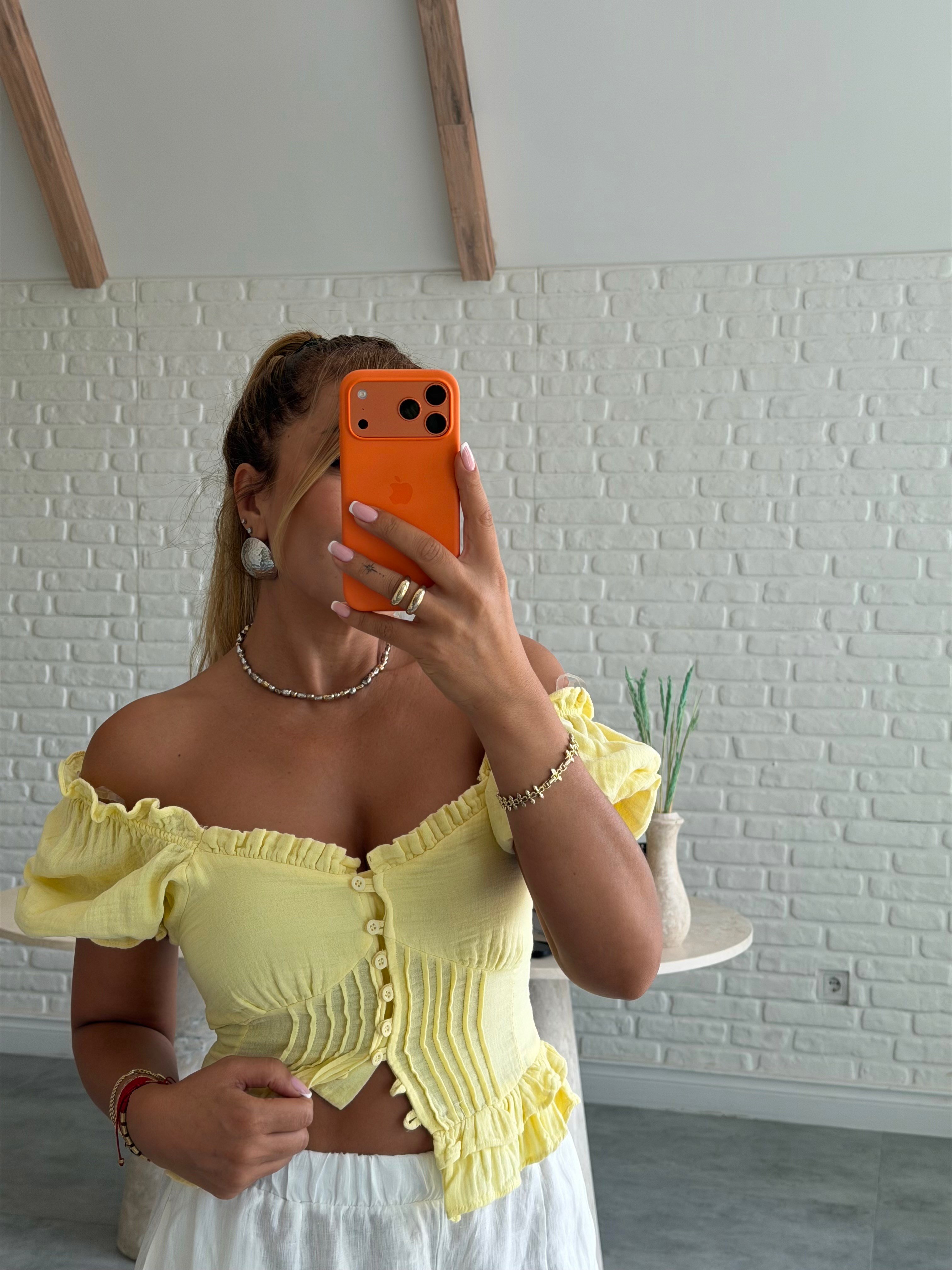 Sarı Müslin Balon Kol Bluz