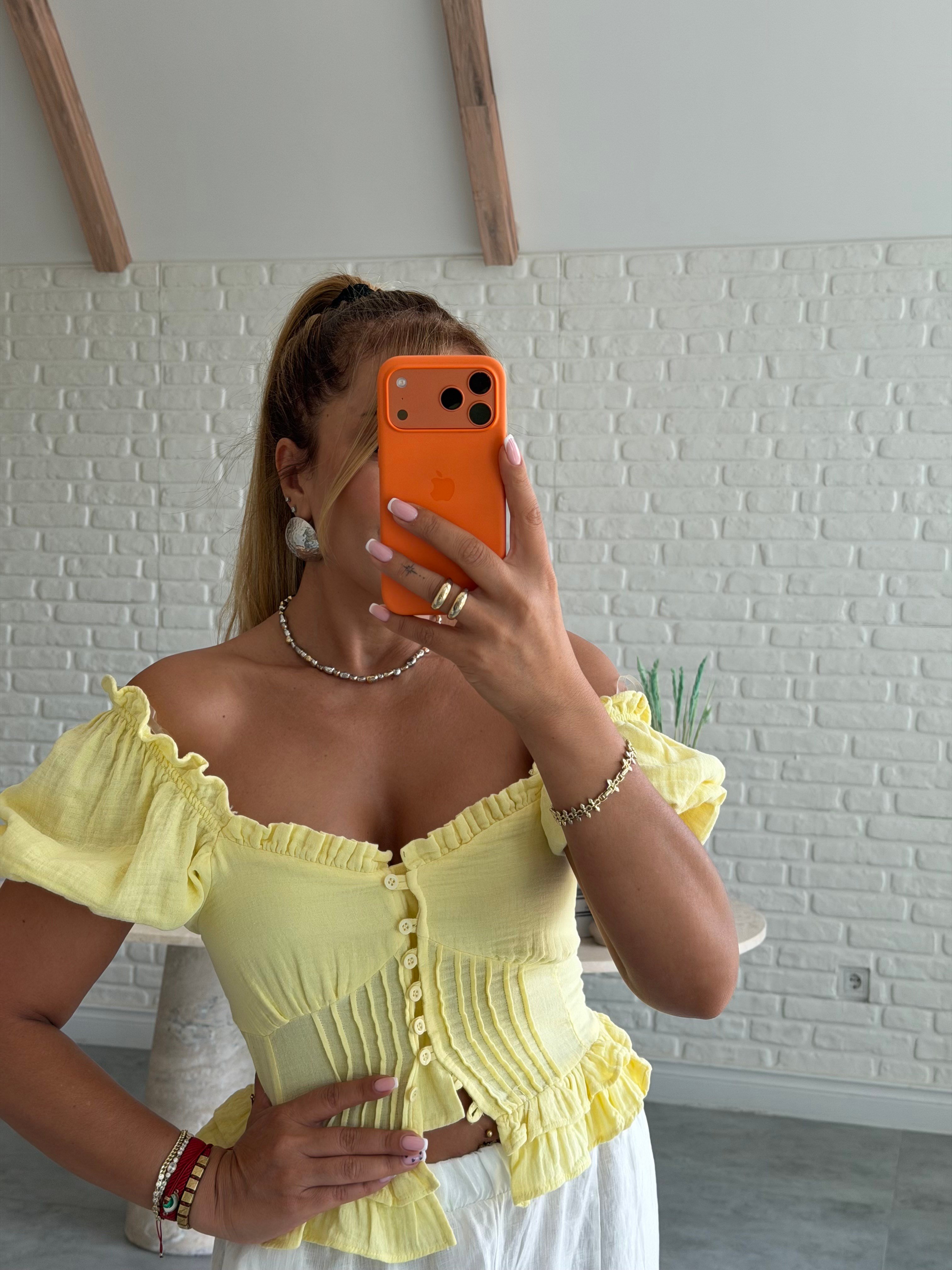 Sarı Müslin Balon Kol Bluz