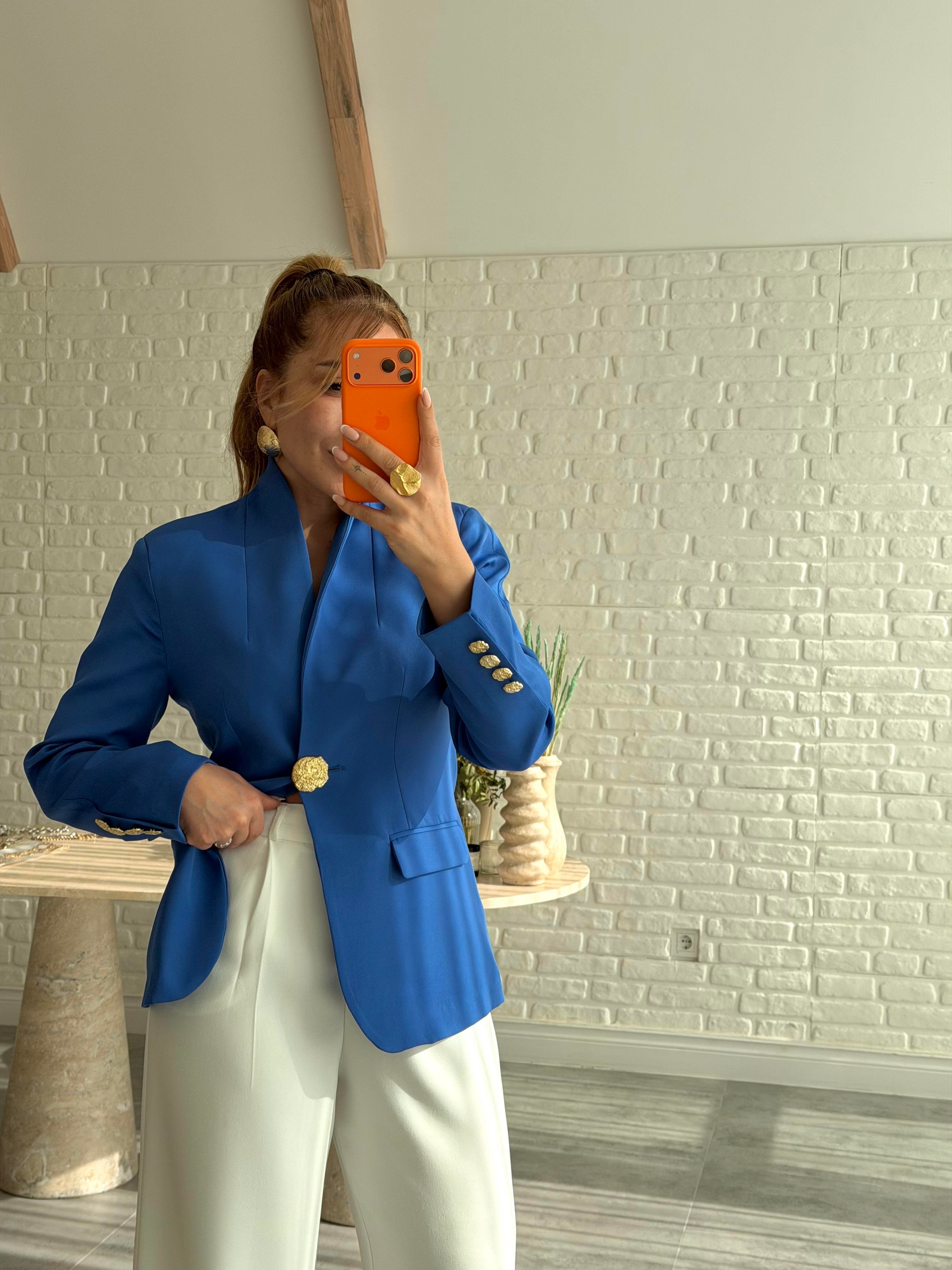 Sax Mavisi Gold Düğme Detaylı Blazer Ceket