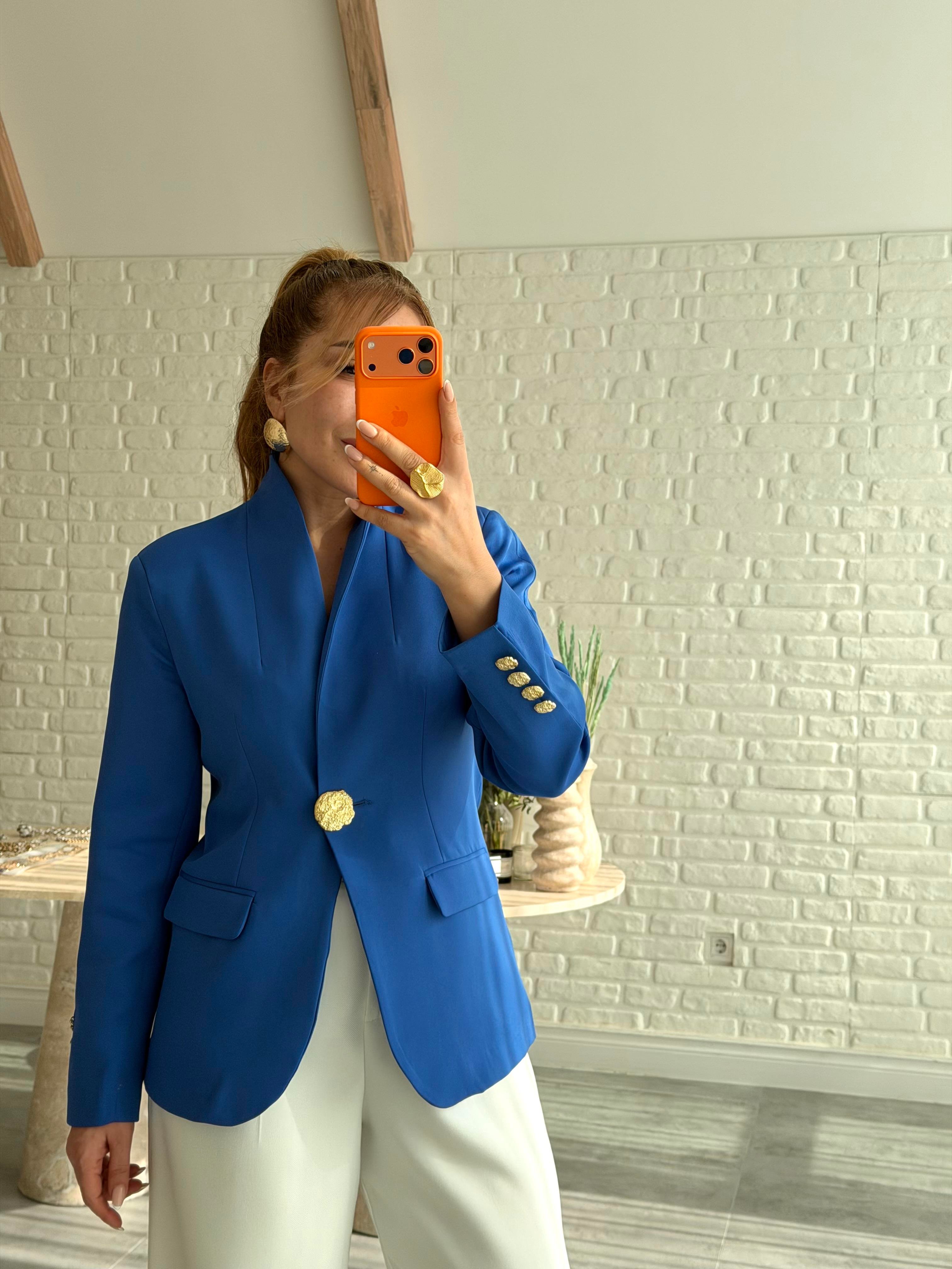 Sax Mavisi Gold Düğme Detaylı Blazer Ceket