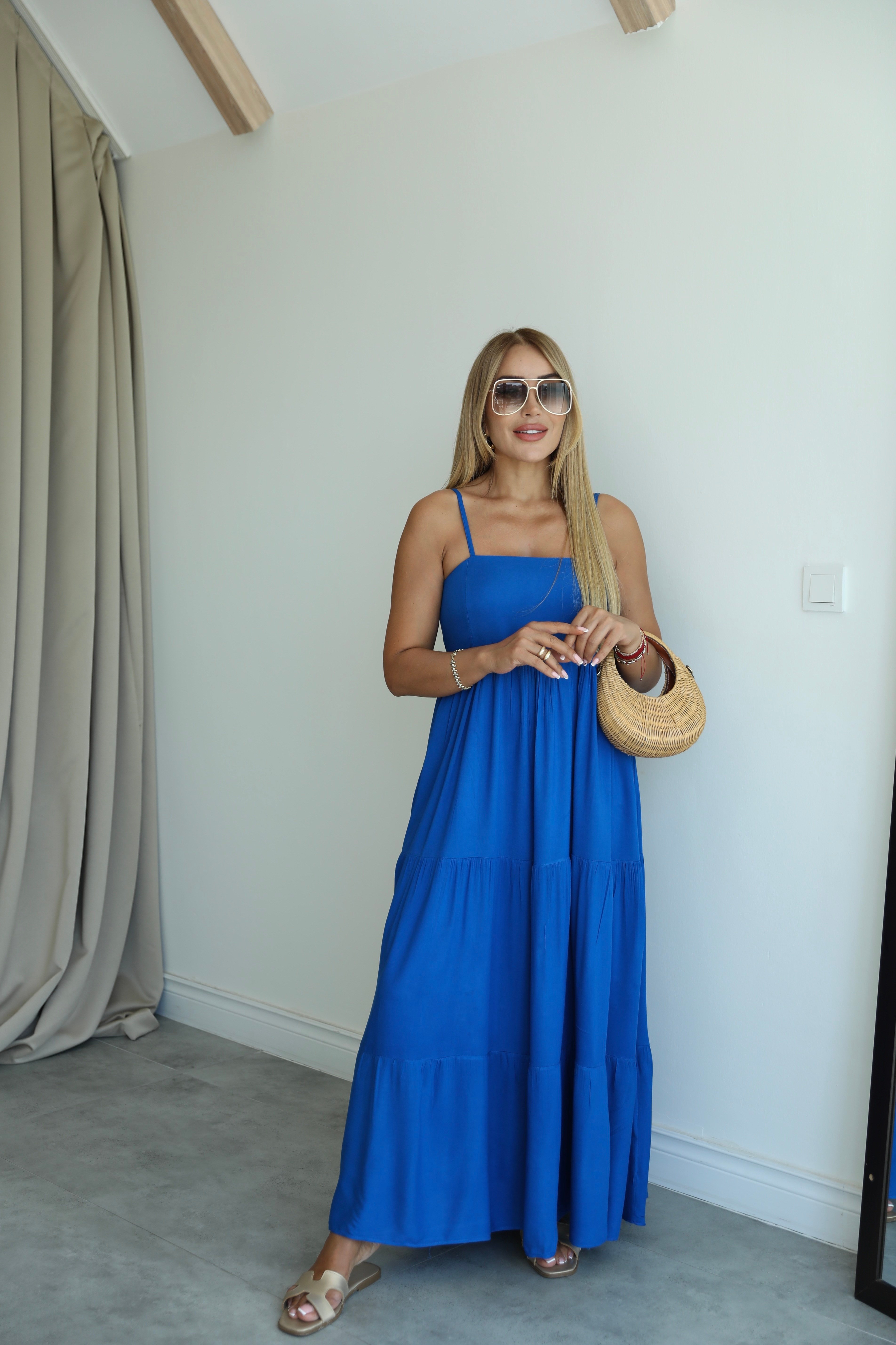 Sax Mavisi İnce Askılı Maxi Elbise 