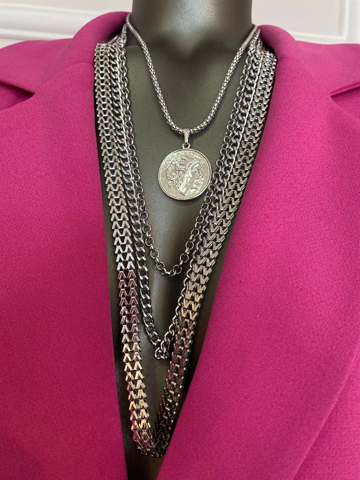 Silver Madalyon Çoklu Kolye