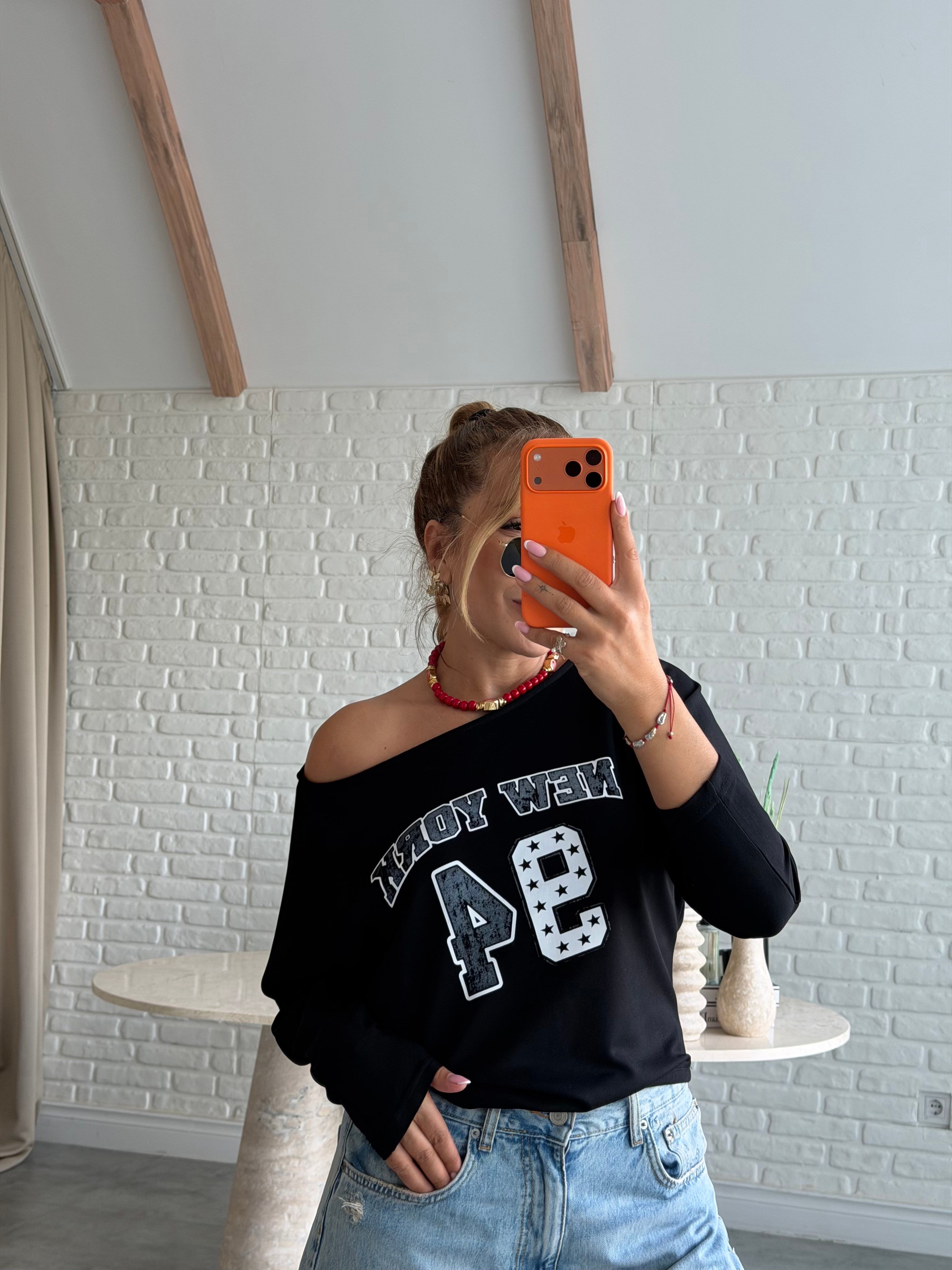 Siyah 94 Baskılı Uzun Kollu T-shirt 
