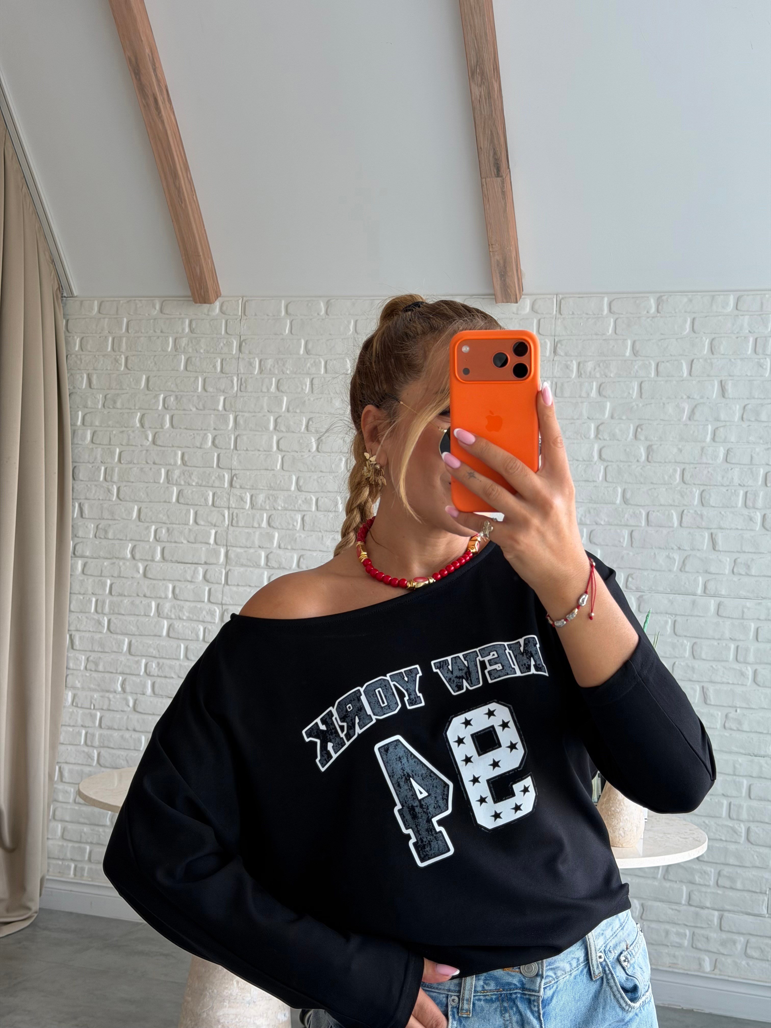Siyah 94 Baskılı Uzun Kollu T-shirt 