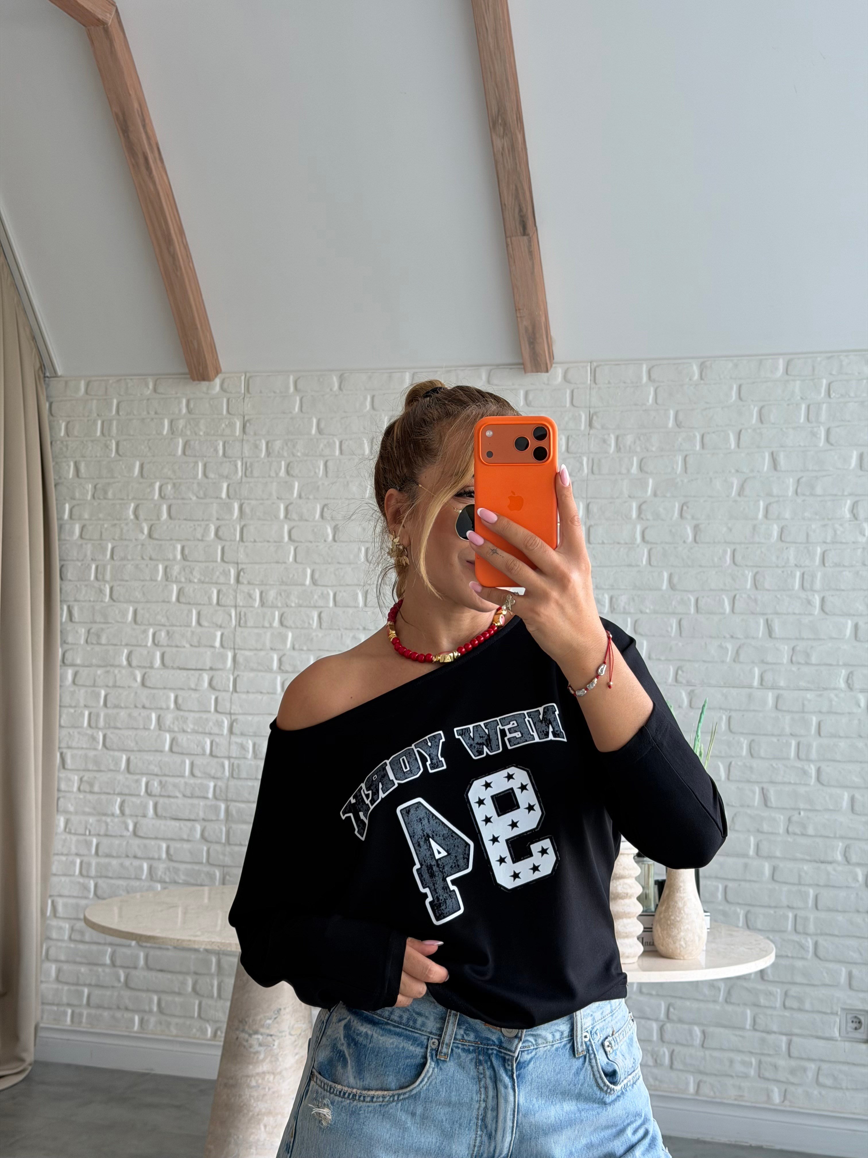 Siyah 94 Baskılı Uzun Kollu T-shirt 