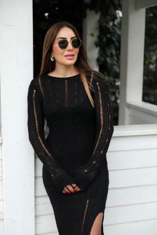 Siyah Ajurlu Triko Elbise