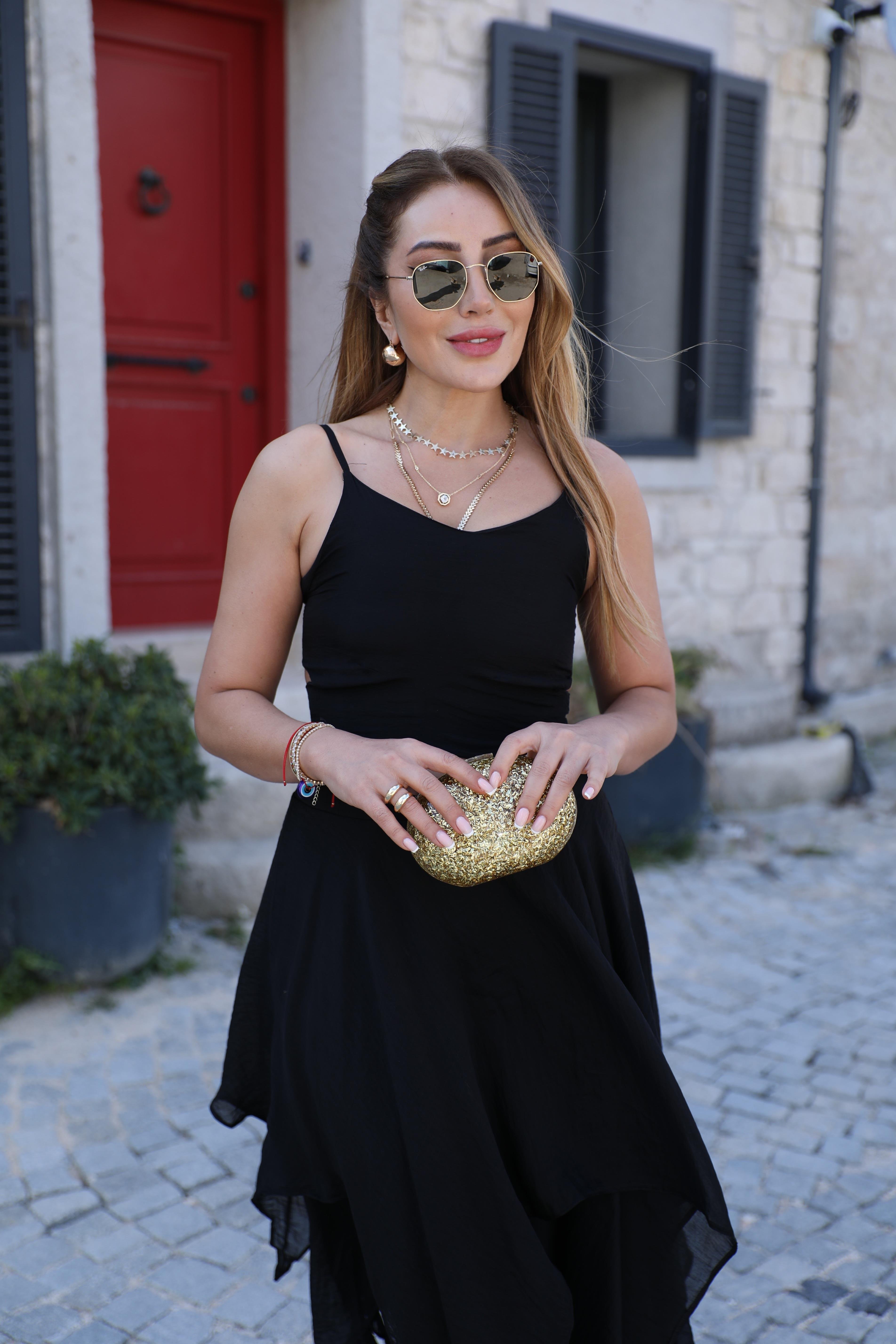 Siyah Asimetrik Etek Crop Takım 