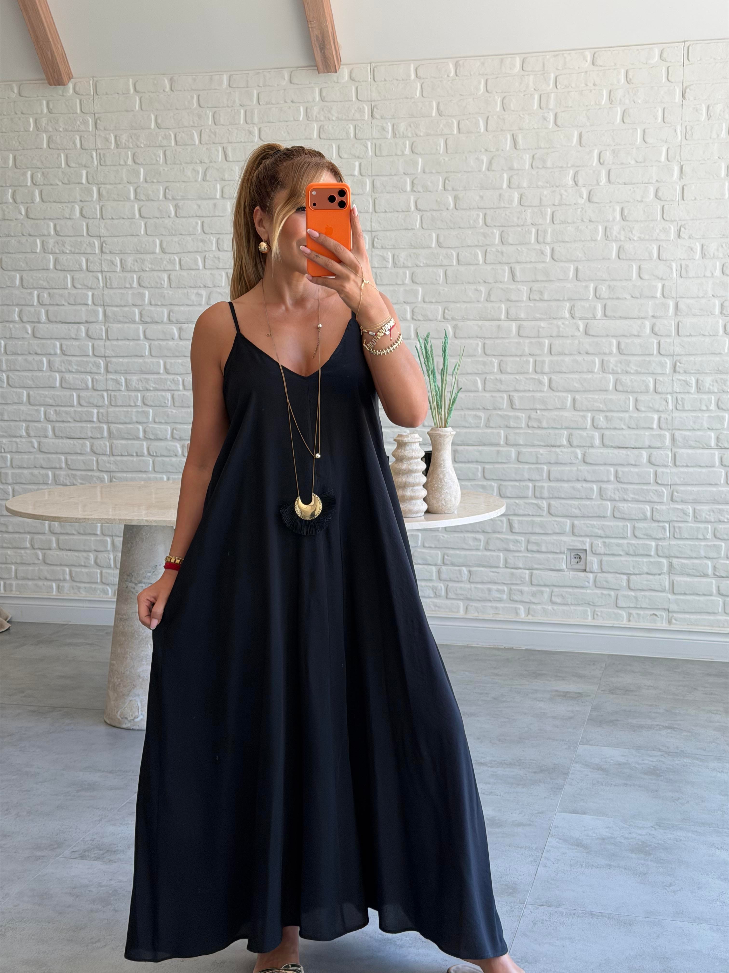 Siyah Askılı Maxi Çan Elbise